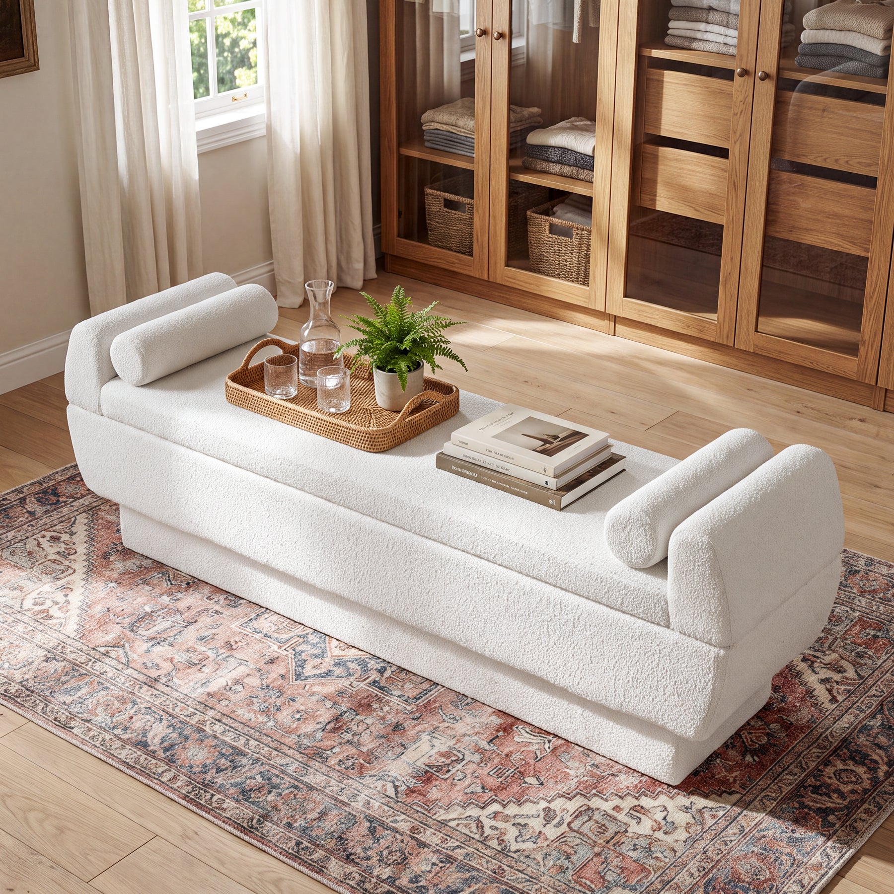 59.8-Inch Upholstered End of Bed Bench, Sherpa Entryway Bench