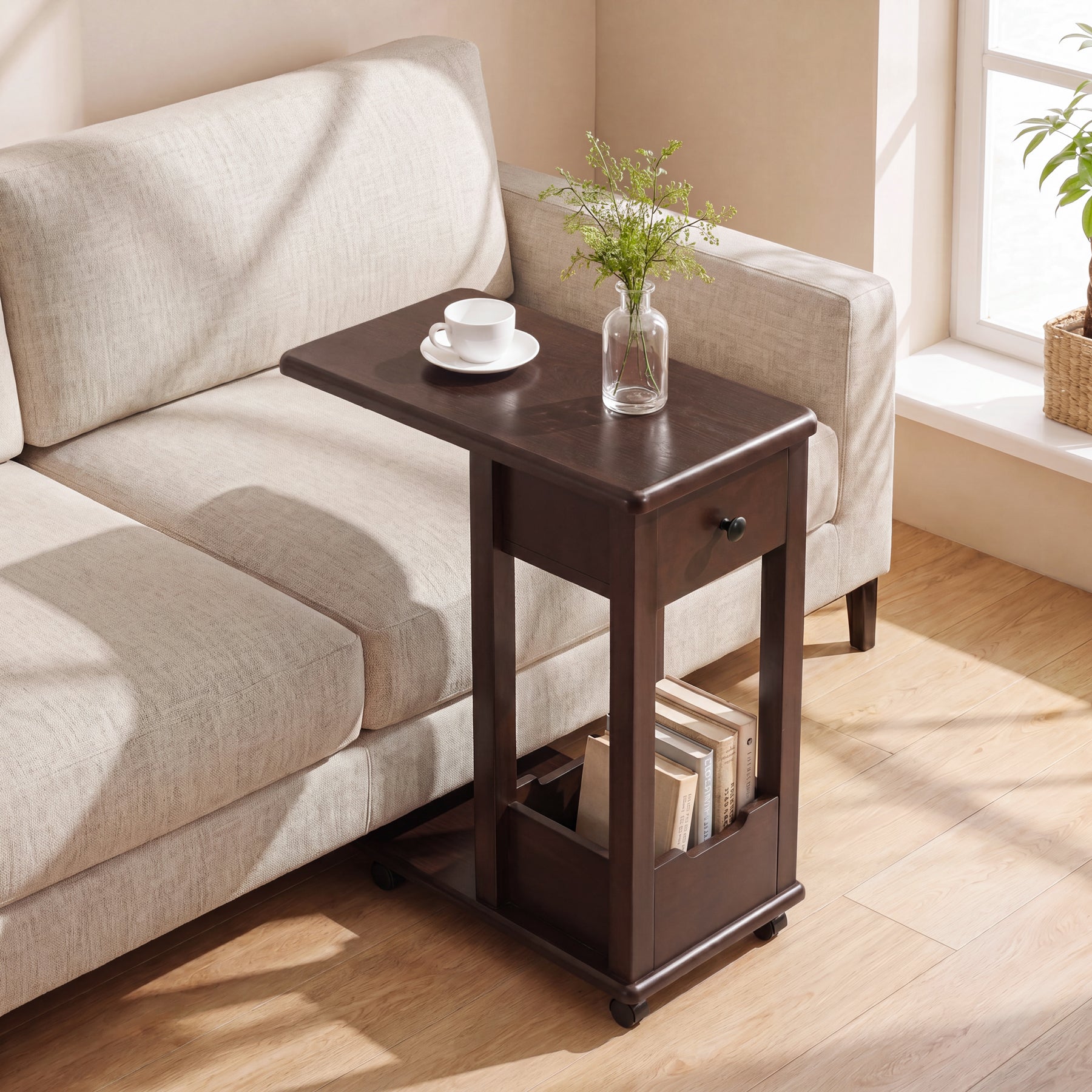 C-Shaped Side Table, 2-Tier Rolling Sofa End Table with Swivel & Lockable Casters