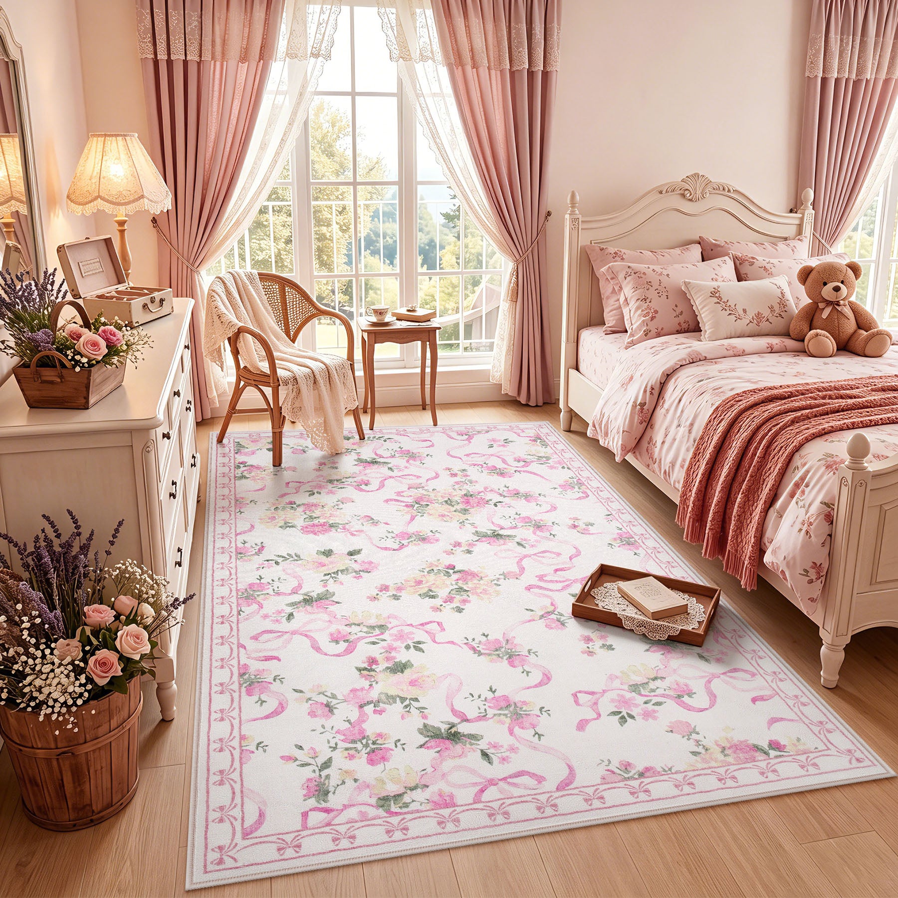 3x5/5x7 Bow Floral Area Rugs, Washable Soft Cute Border Non Slip Low Pile Carpet for Kids Living Dining Room, Oeko-Tex Certified