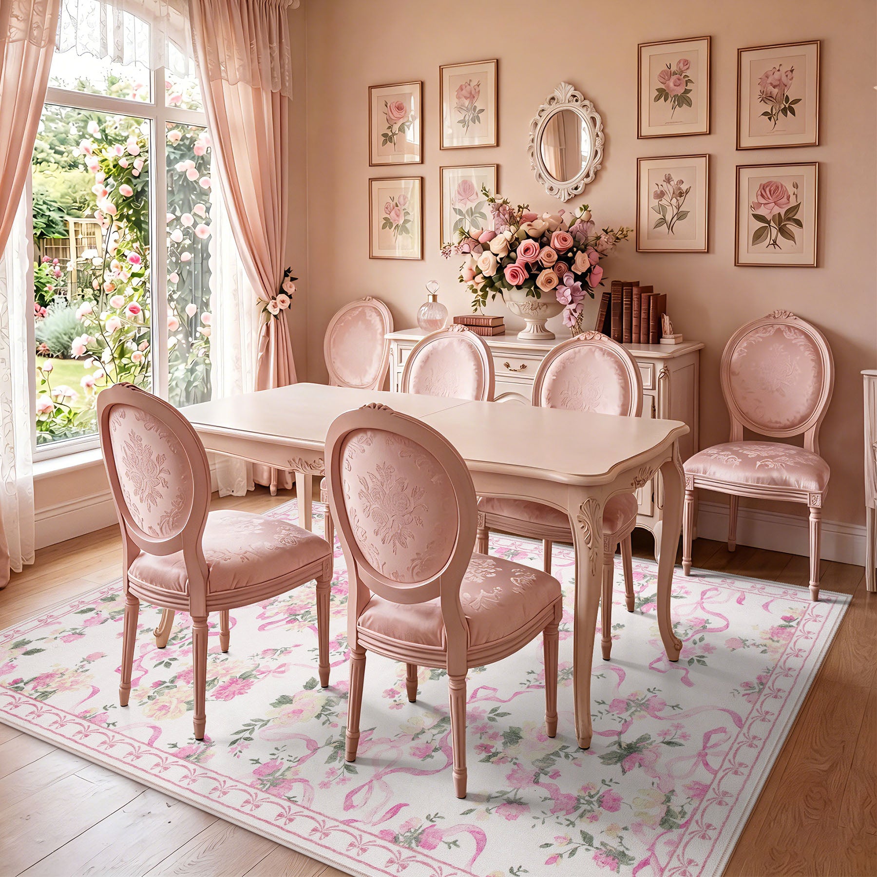 3x5/5x7 Bow Floral Area Rugs, Washable Soft Cute Border Non Slip Low Pile Carpet for Kids Living Dining Room, Oeko-Tex Certified
