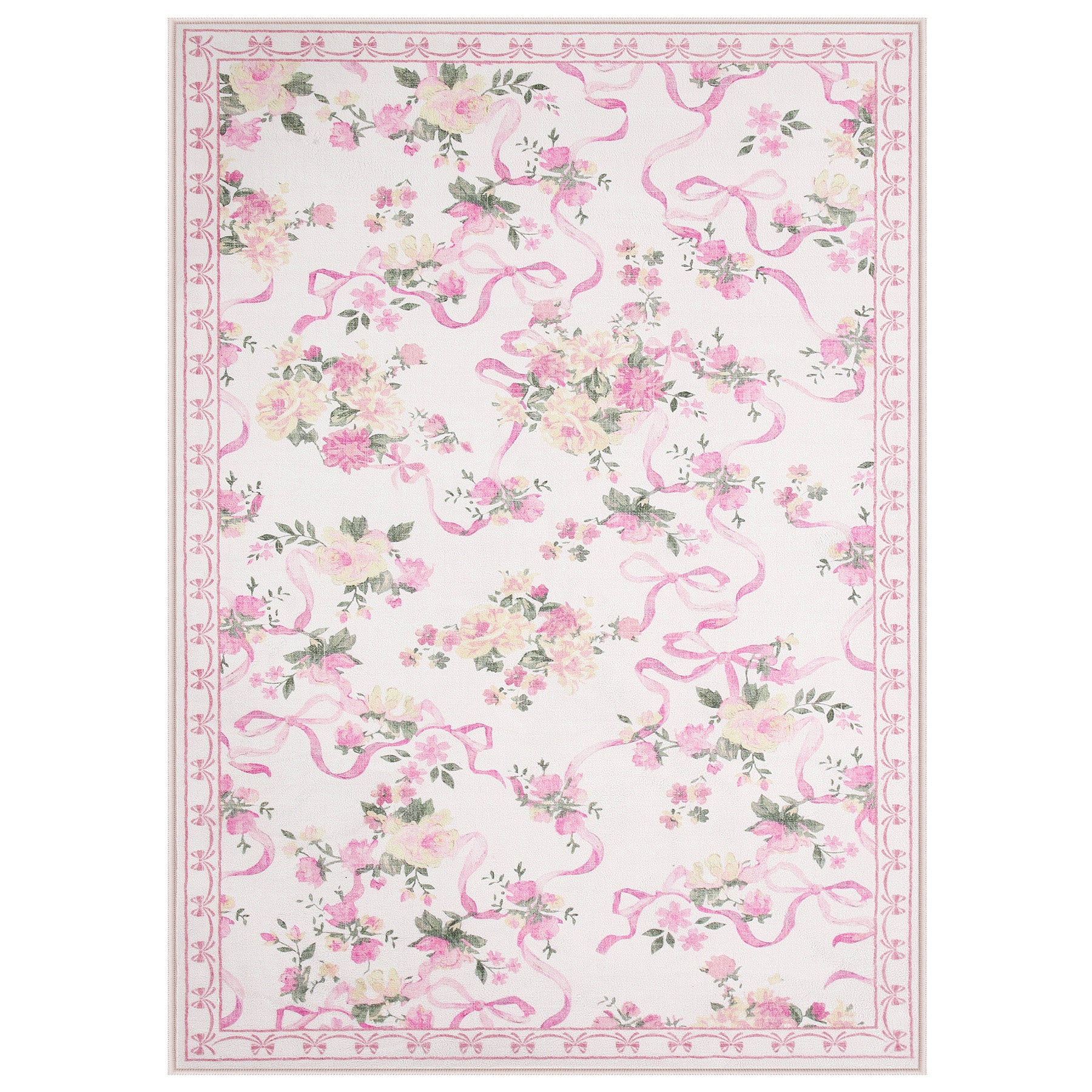 3x5/5x7 Bow Floral Area Rugs, Washable Soft Cute Border Non Slip Low Pile Carpet for Kids Living Dining Room, Oeko-Tex Certified
