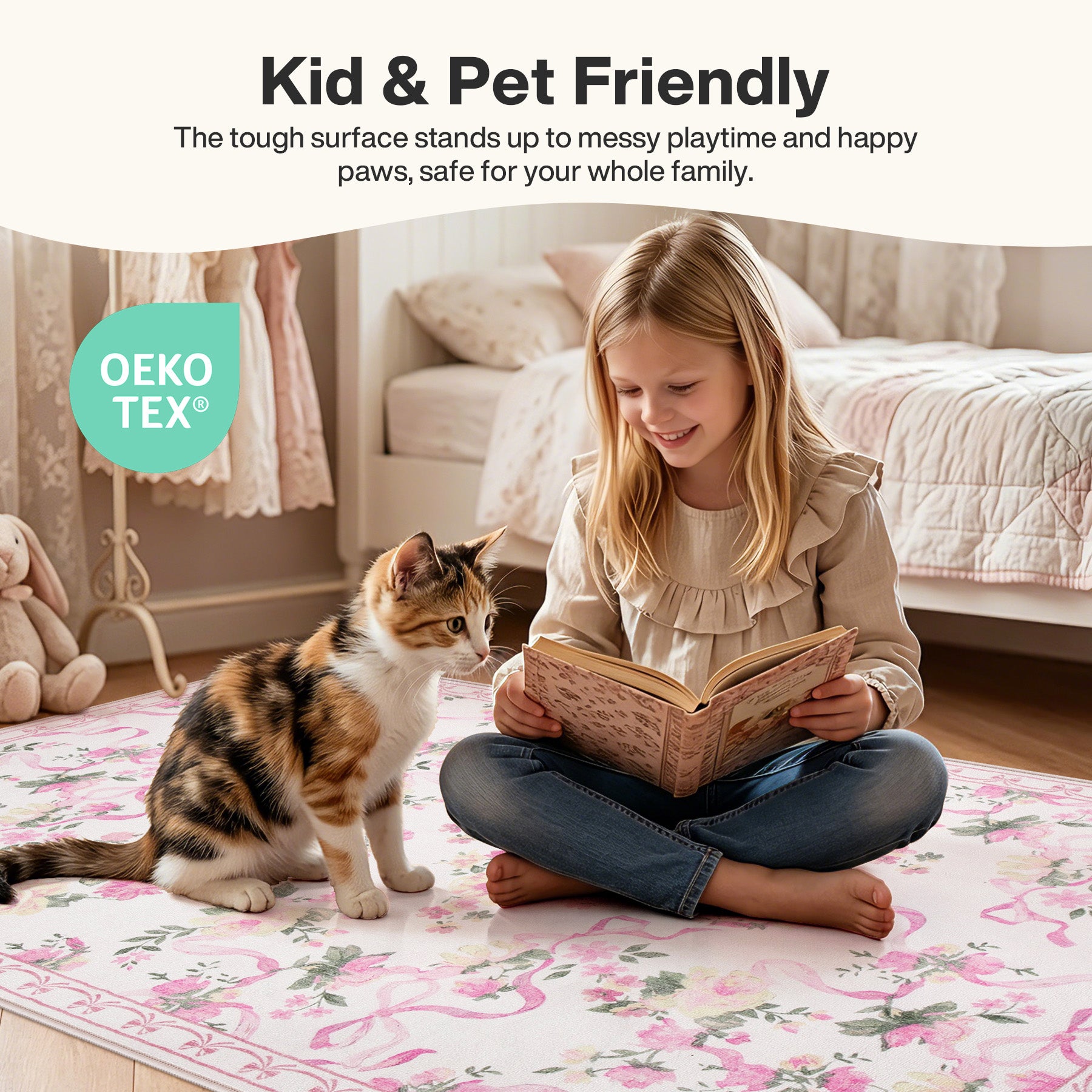 3x5/5x7 Bow Floral Area Rugs, Washable Soft Cute Border Non Slip Low Pile Carpet for Kids Living Dining Room, Oeko-Tex Certified