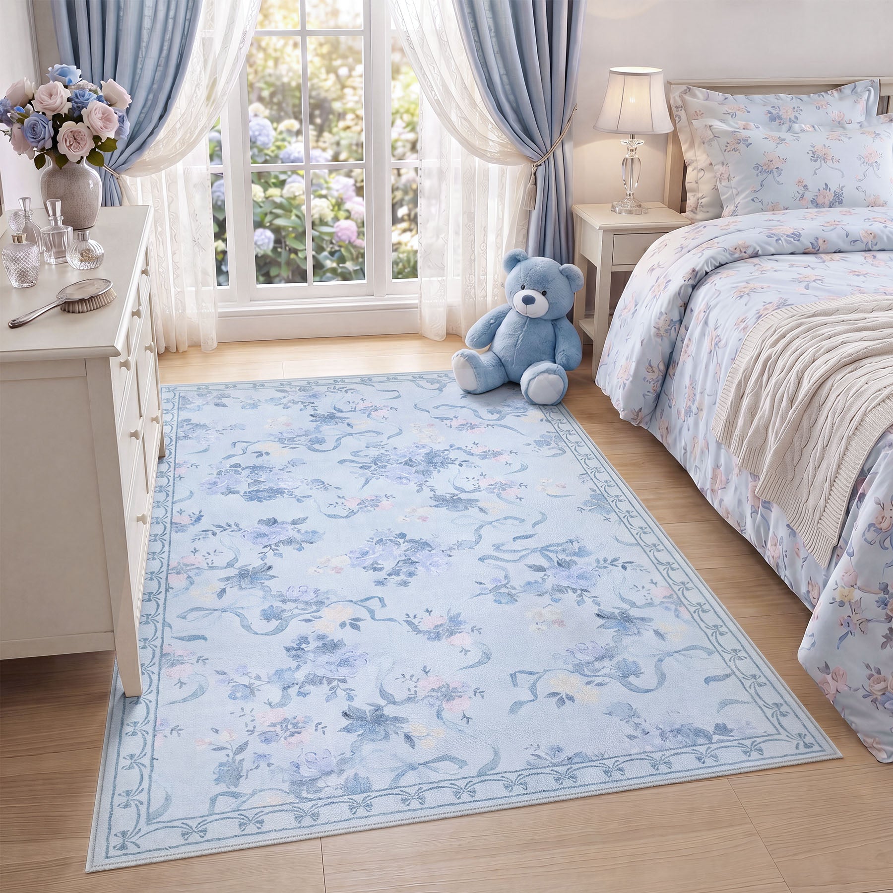 3x5/5x7 Bow Floral Area Rugs, Washable Soft Cute Border Non Slip Low Pile Carpet for Kids Living Dining Room, Oeko-Tex Certified
