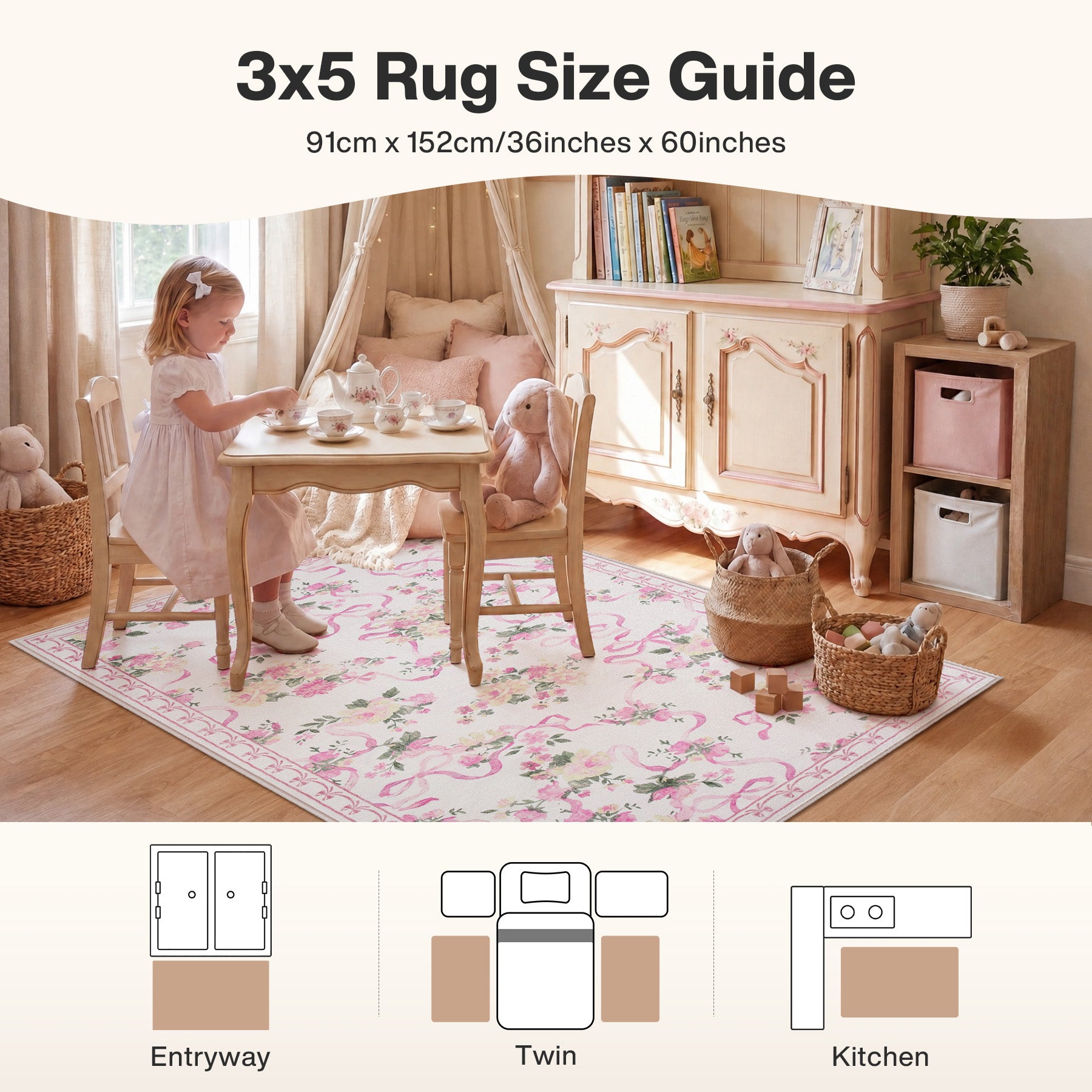 3x5/5x7 Bow Floral Area Rugs, Washable Soft Cute Border Non Slip Low Pile Carpet for Kids Living Dining Room, Oeko-Tex Certified