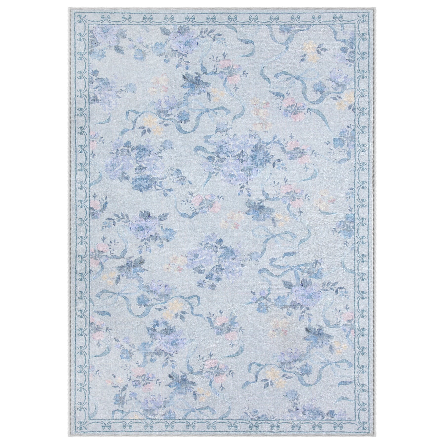 3x5/5x7 Bow Floral Area Rugs, Washable Soft Cute Border Non Slip Low Pile Carpet for Kids Living Dining Room, Oeko-Tex Certified