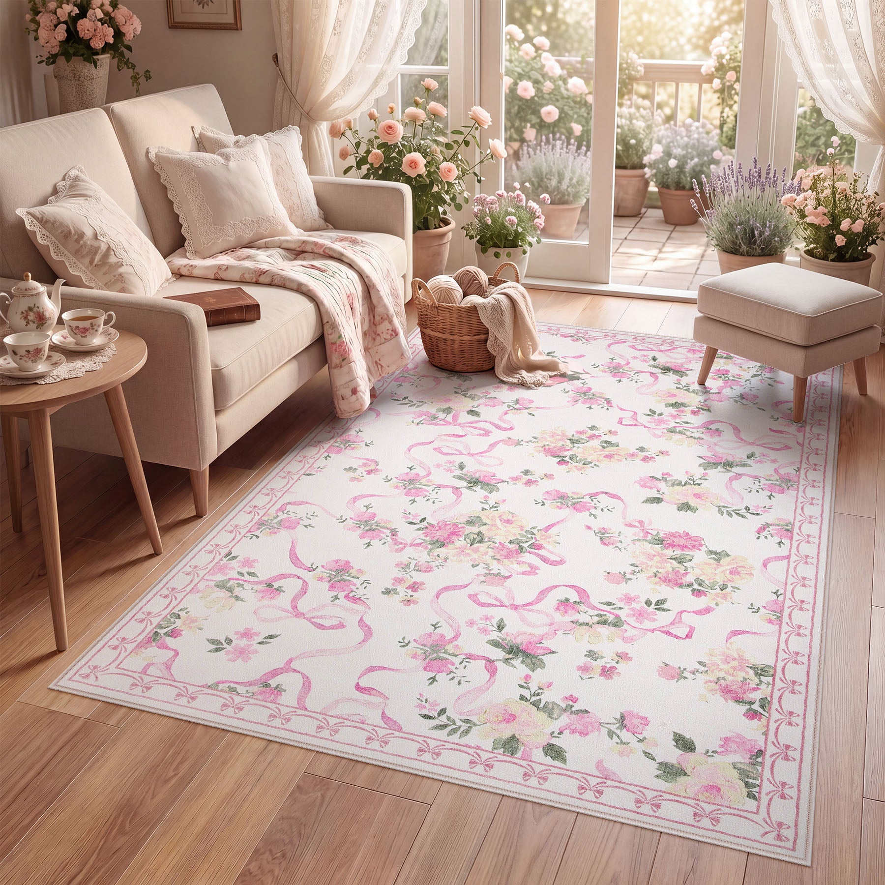 3x5/5x7 Bow Floral Area Rugs, Washable Soft Cute Border Non Slip Low Pile Carpet for Kids Living Dining Room, Oeko-Tex Certified