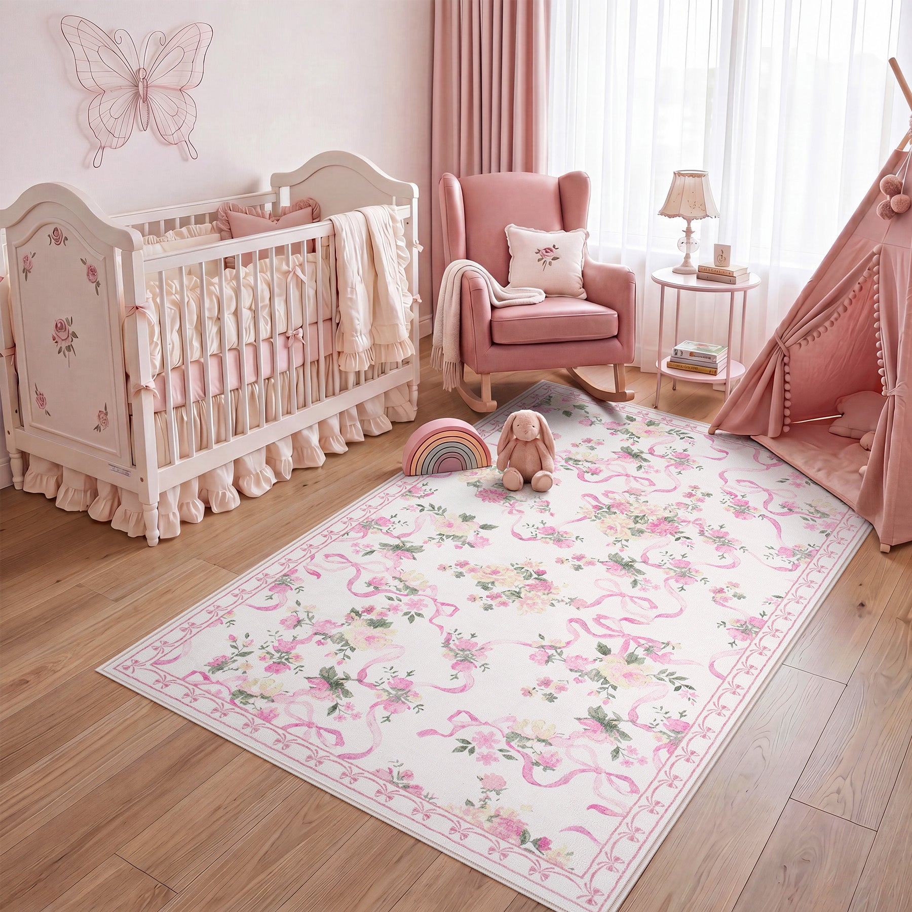 3x5/5x7 Bow Floral Area Rugs, Washable Soft Cute Border Non Slip Low Pile Carpet for Kids Living Dining Room, Oeko-Tex Certified