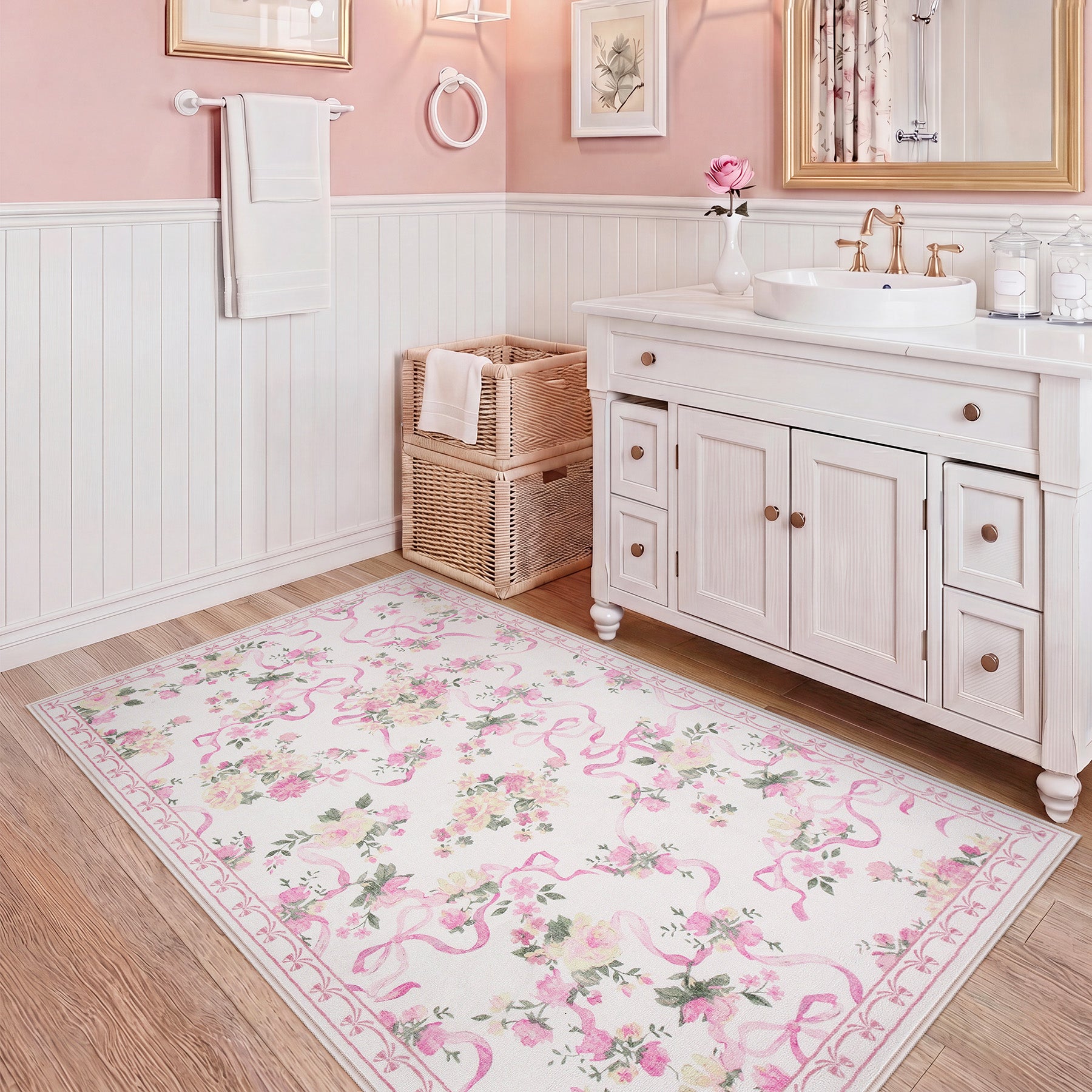 3x5/5x7 Bow Floral Area Rugs, Washable Soft Cute Border Non Slip Low Pile Carpet for Kids Living Dining Room, Oeko-Tex Certified