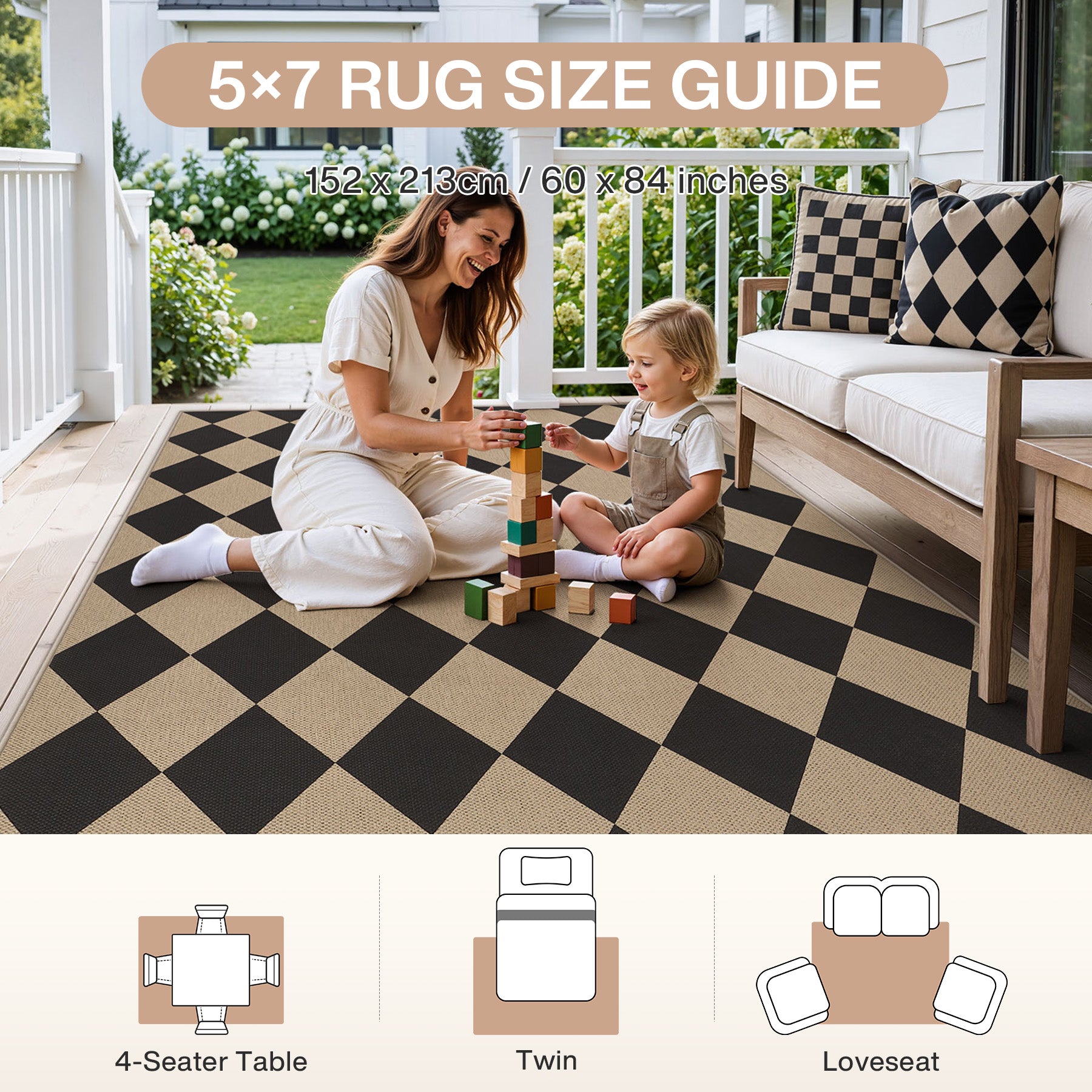 3x5/5x7 Checkered Easy Jute Area Rug, Farmhouse Non-Slip Washable Carpet, Oeko-Tex Certified