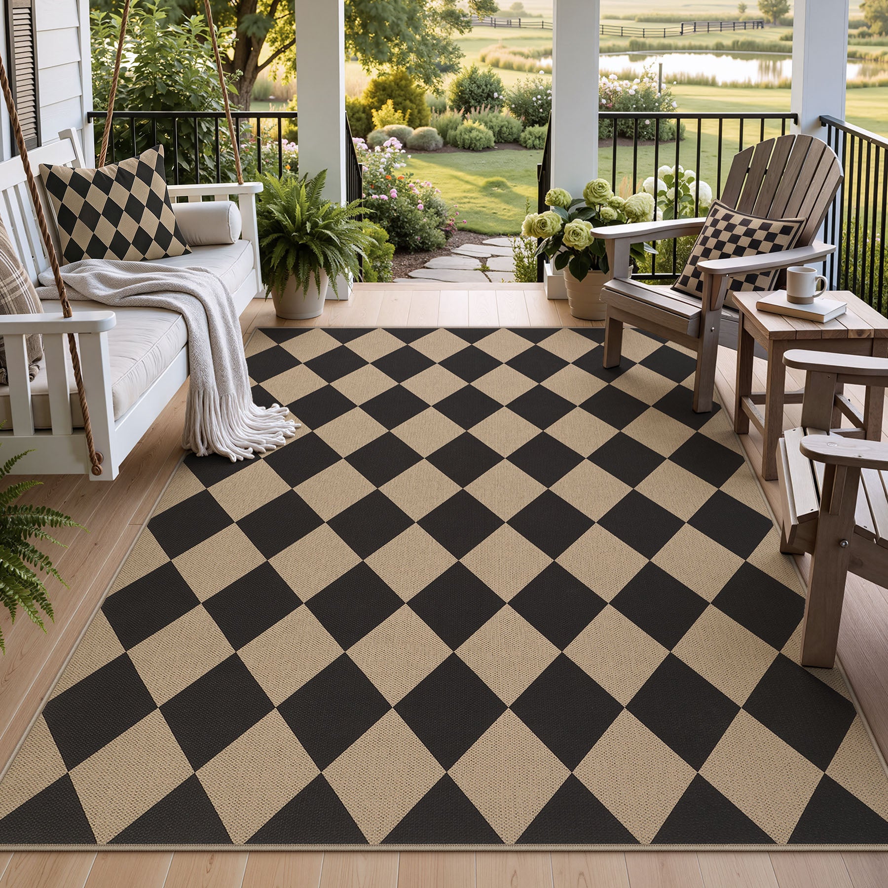 3x5/5x7 Checkered Easy Jute Area Rug, Farmhouse Non-Slip Washable Carpet, Oeko-Tex Certified