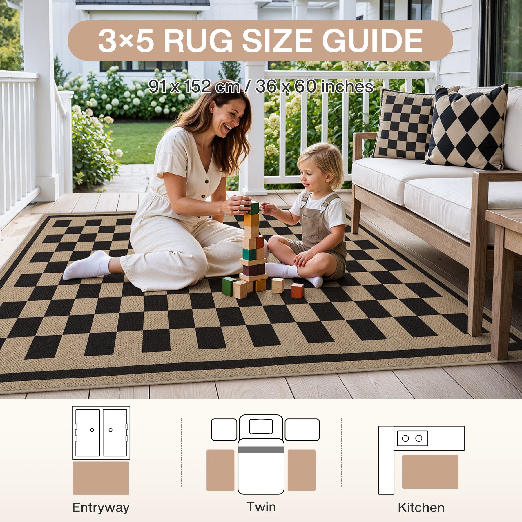 3x5/5x7 Checkered Easy Jute Area Rug, Farmhouse Non-Slip Washable Carpet, Oeko-Tex Certified