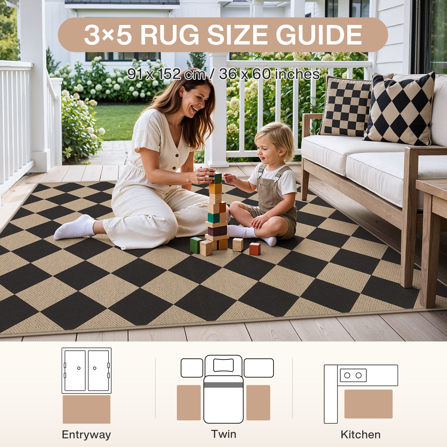 3x5/5x7 Checkered Easy Jute Area Rug, Farmhouse Non-Slip Washable Carpet, Oeko-Tex Certified