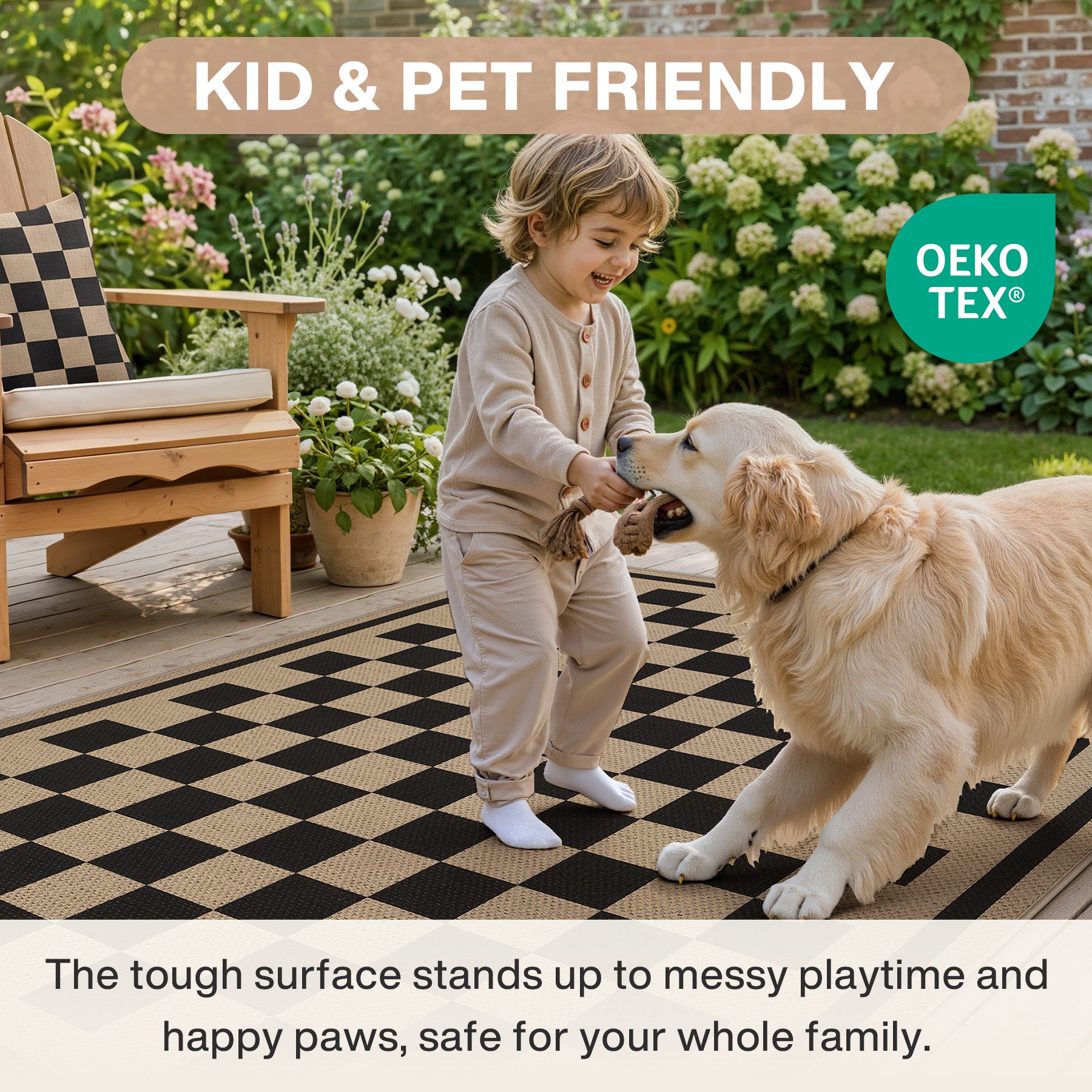 3x5/5x7 Checkered Easy Jute Area Rug, Farmhouse Non-Slip Washable Carpet, Oeko-Tex Certified