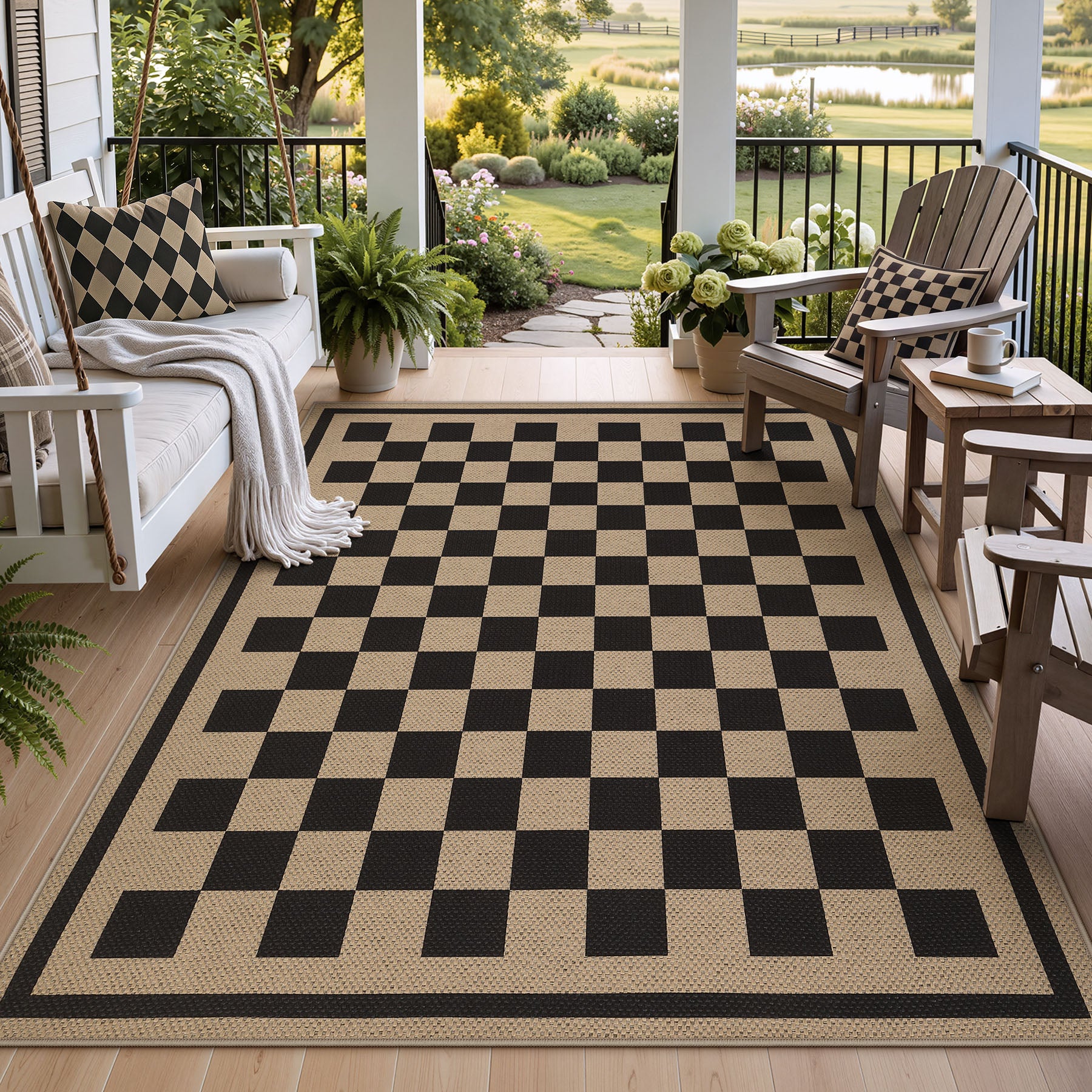 3x5/5x7 Checkered Easy Jute Area Rug, Farmhouse Non-Slip Washable Carpet, Oeko-Tex Certified