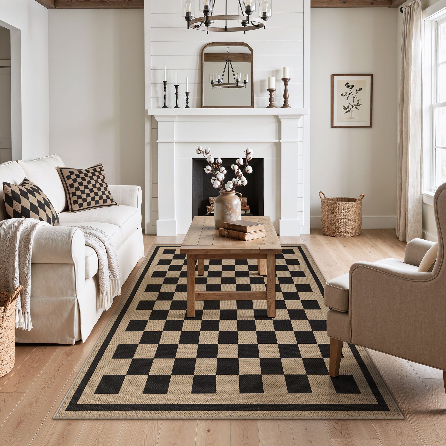 3x5/5x7 Checkered Easy Jute Area Rug, Farmhouse Non-Slip Washable Carpet, Oeko-Tex Certified
