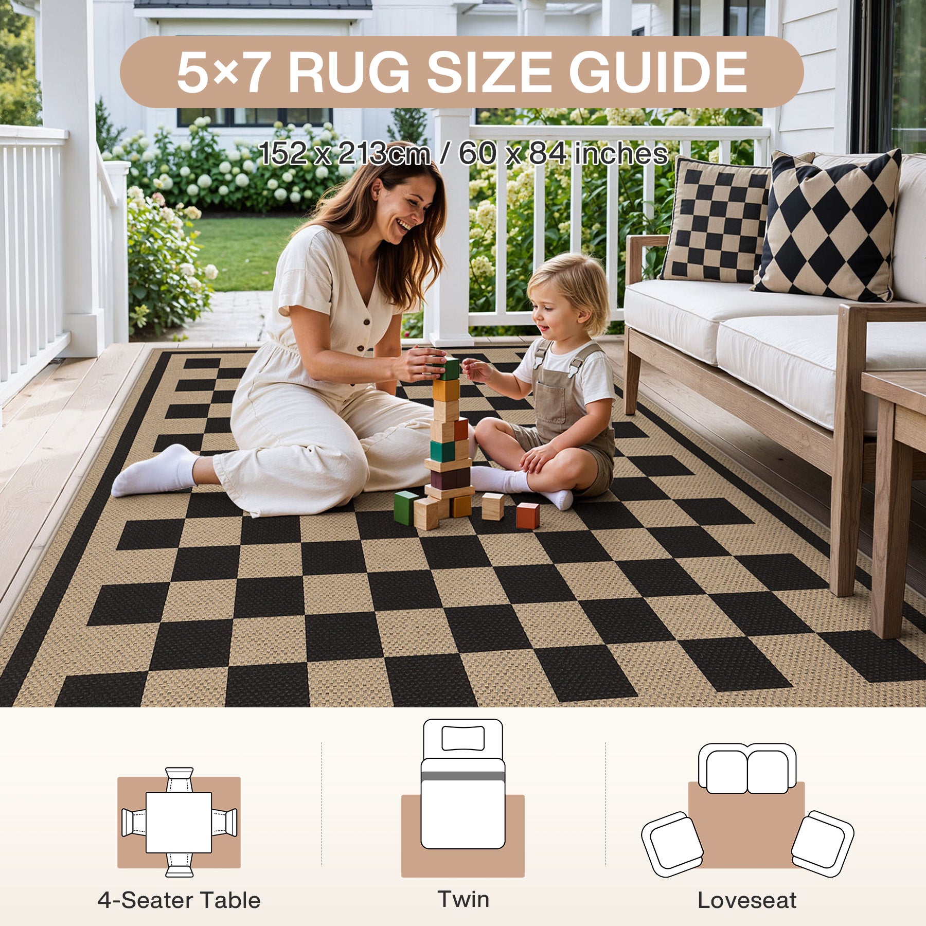 3x5/5x7 Checkered Easy Jute Area Rug, Farmhouse Non-Slip Washable Carpet, Oeko-Tex Certified