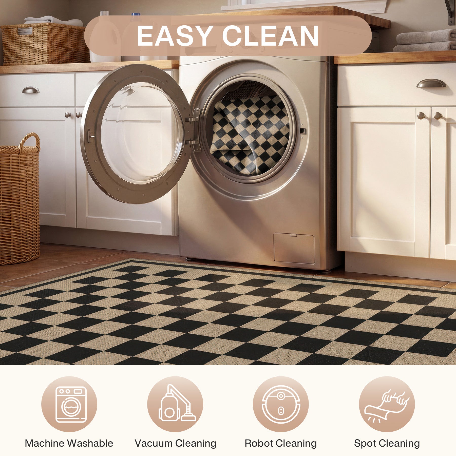 3x5/5x7 Checkered Easy Jute Area Rug, Farmhouse Non-Slip Washable Carpet, Oeko-Tex Certified