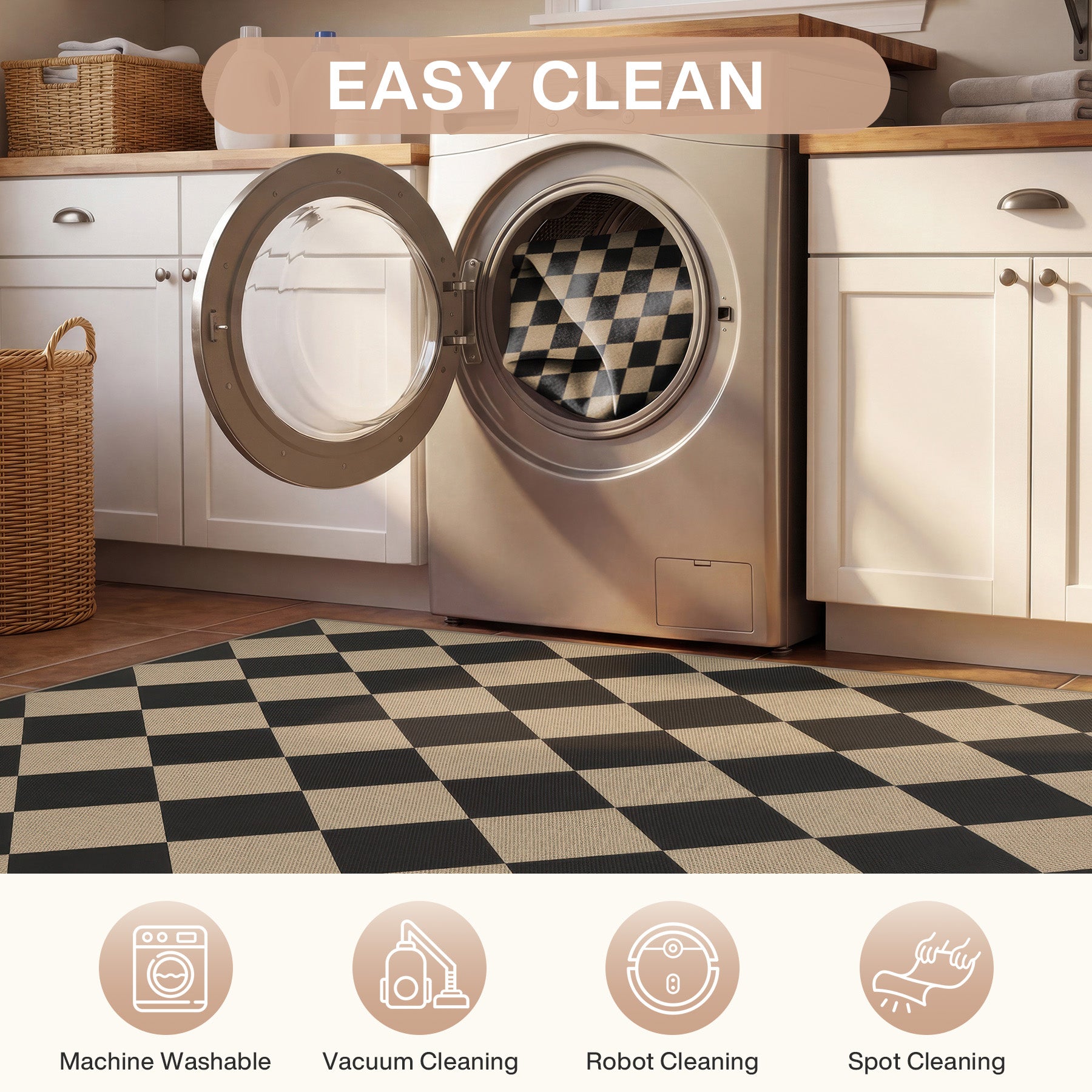 3x5/5x7 Checkered Easy Jute Area Rug, Farmhouse Non-Slip Washable Carpet, Oeko-Tex Certified