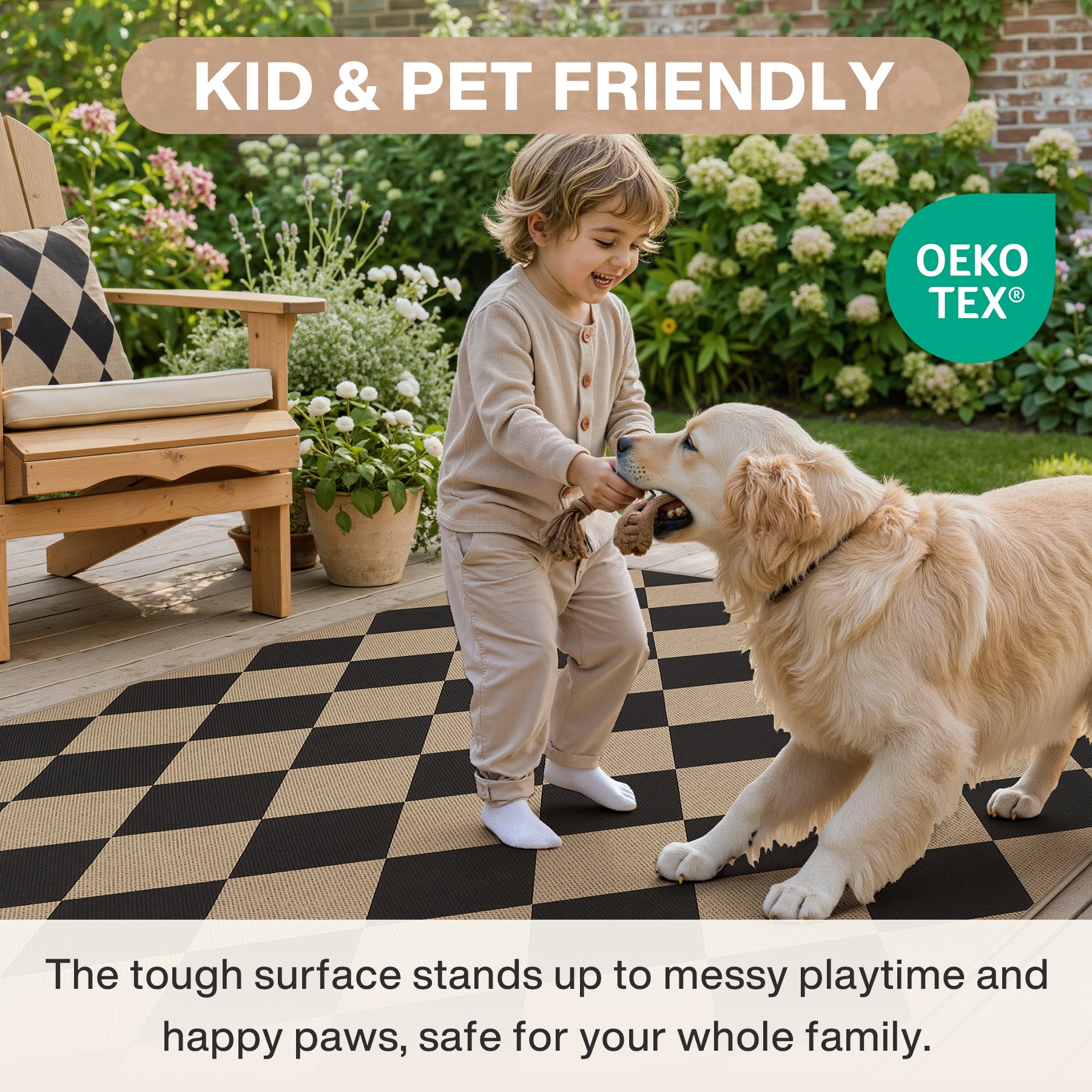 3x5/5x7 Checkered Easy Jute Area Rug, Farmhouse Non-Slip Washable Carpet, Oeko-Tex Certified
