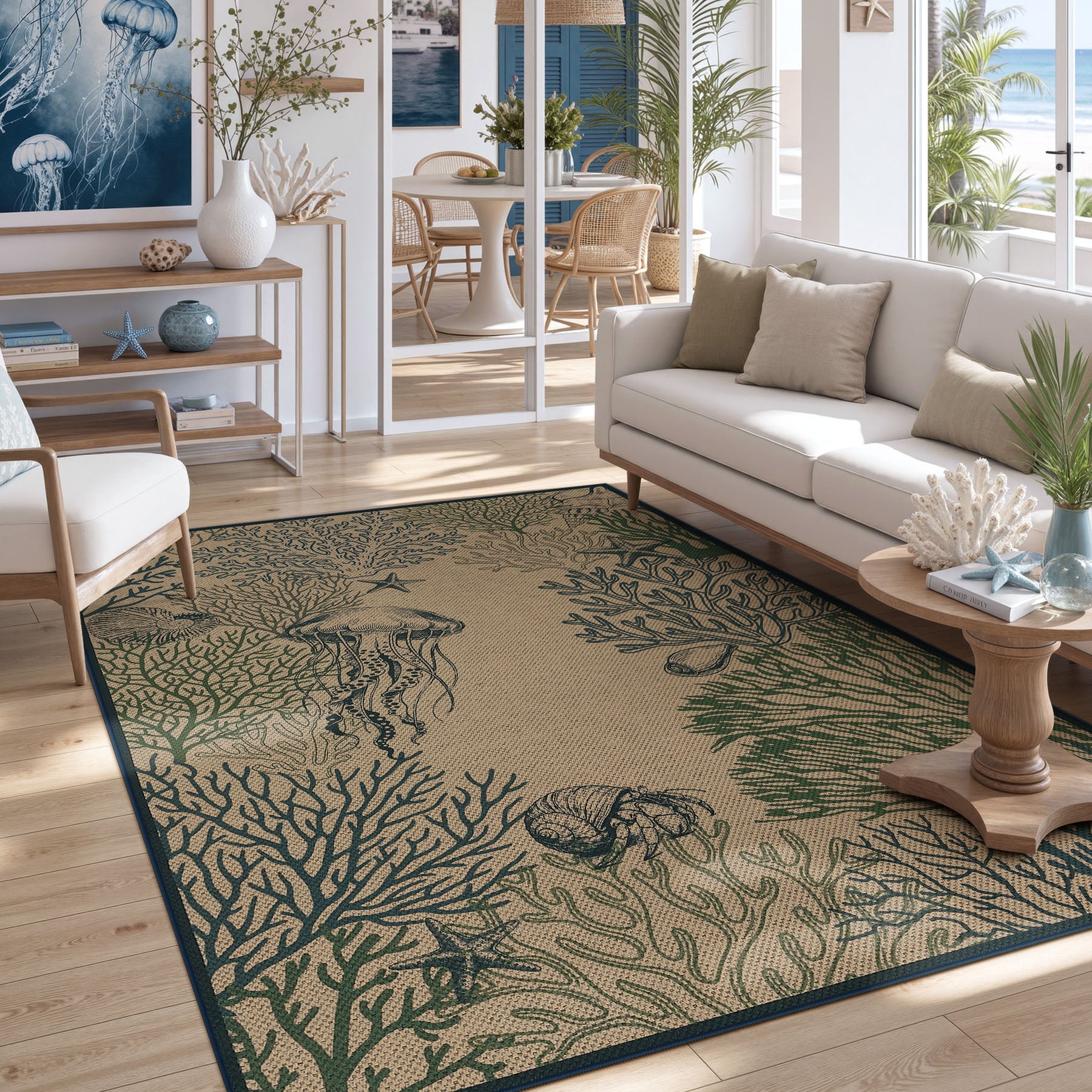 5x7 Easy Jute Washable Indoor Outdoor Patio Rug#Color_Ocean-Blue/Green