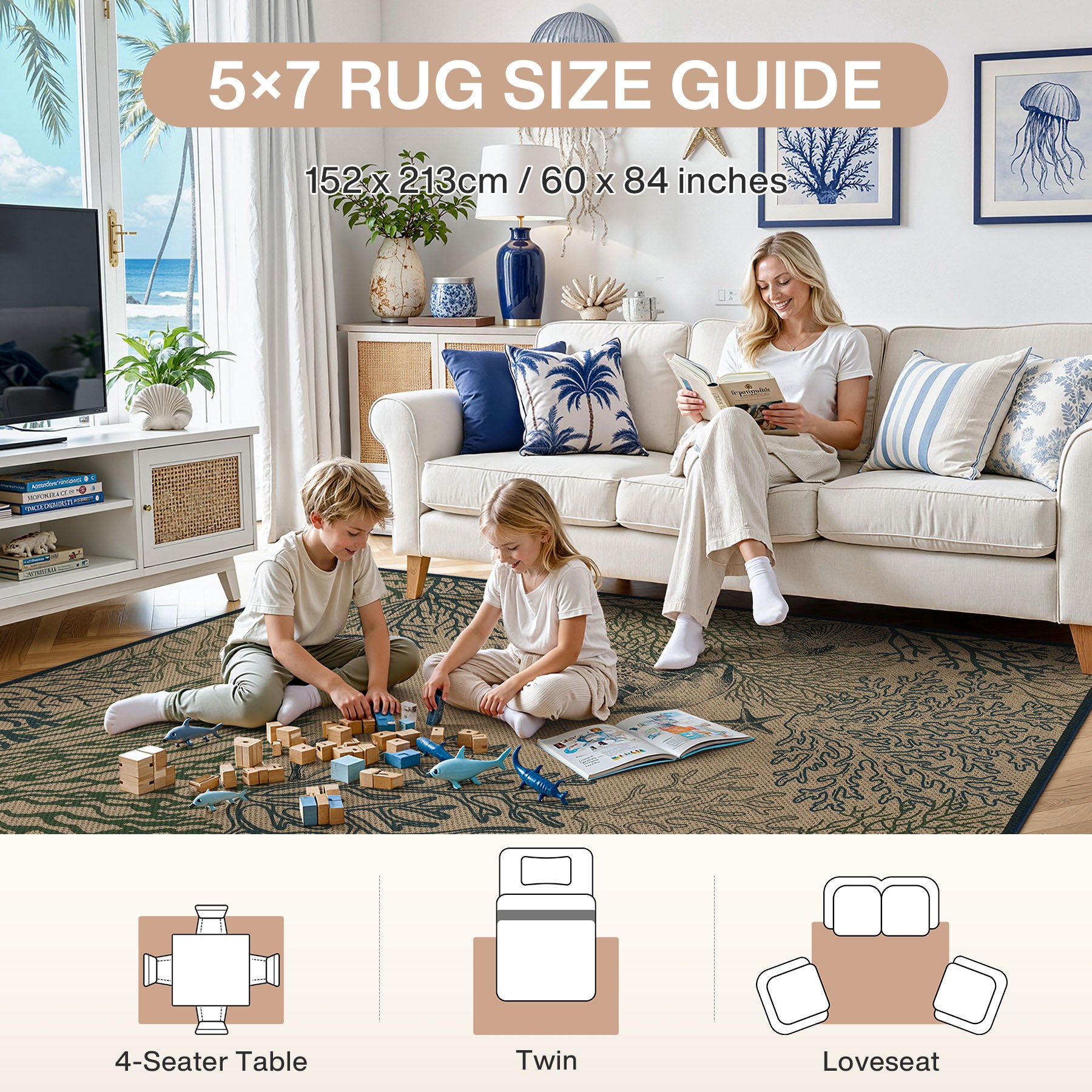 3x5/5x7 Easy Jute Washable Indoor Outdoor Patio Rug, Boho Coastal Non-Slip Living Room Area Carpet for Entryway Porch, Oeko-Tex Certified