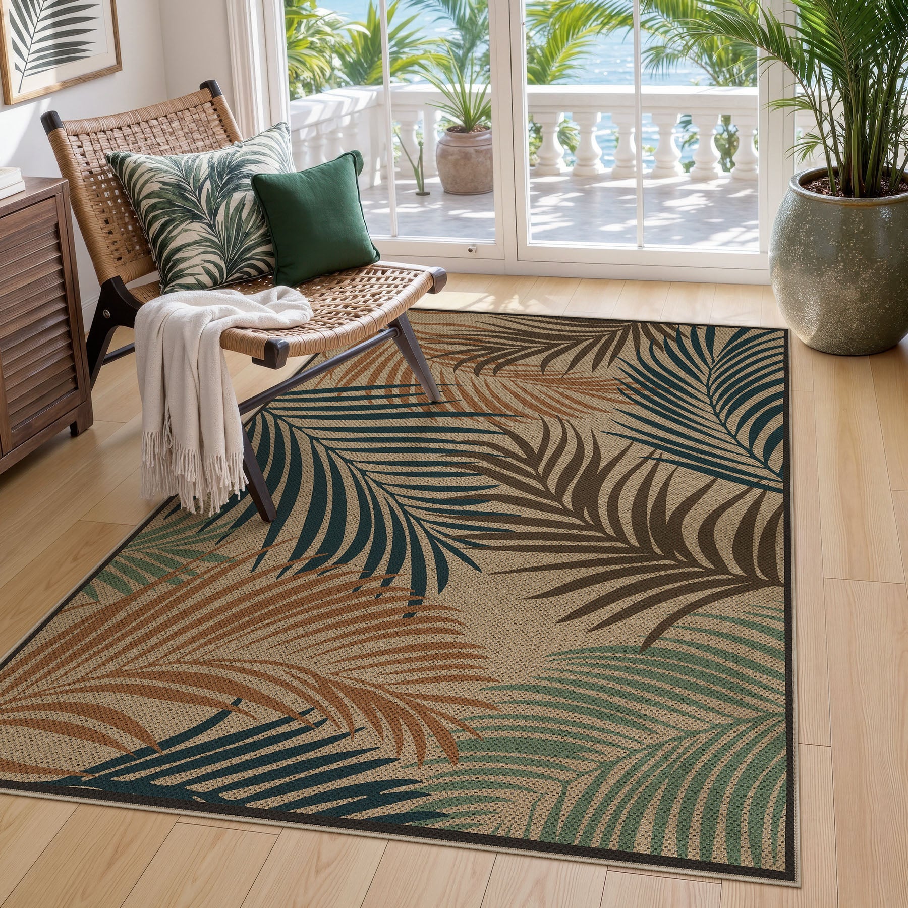 3x5 Easy Jute Washable Indoor Outdoor Patio Rug#Color_Leaf-Blue/Tan/Green