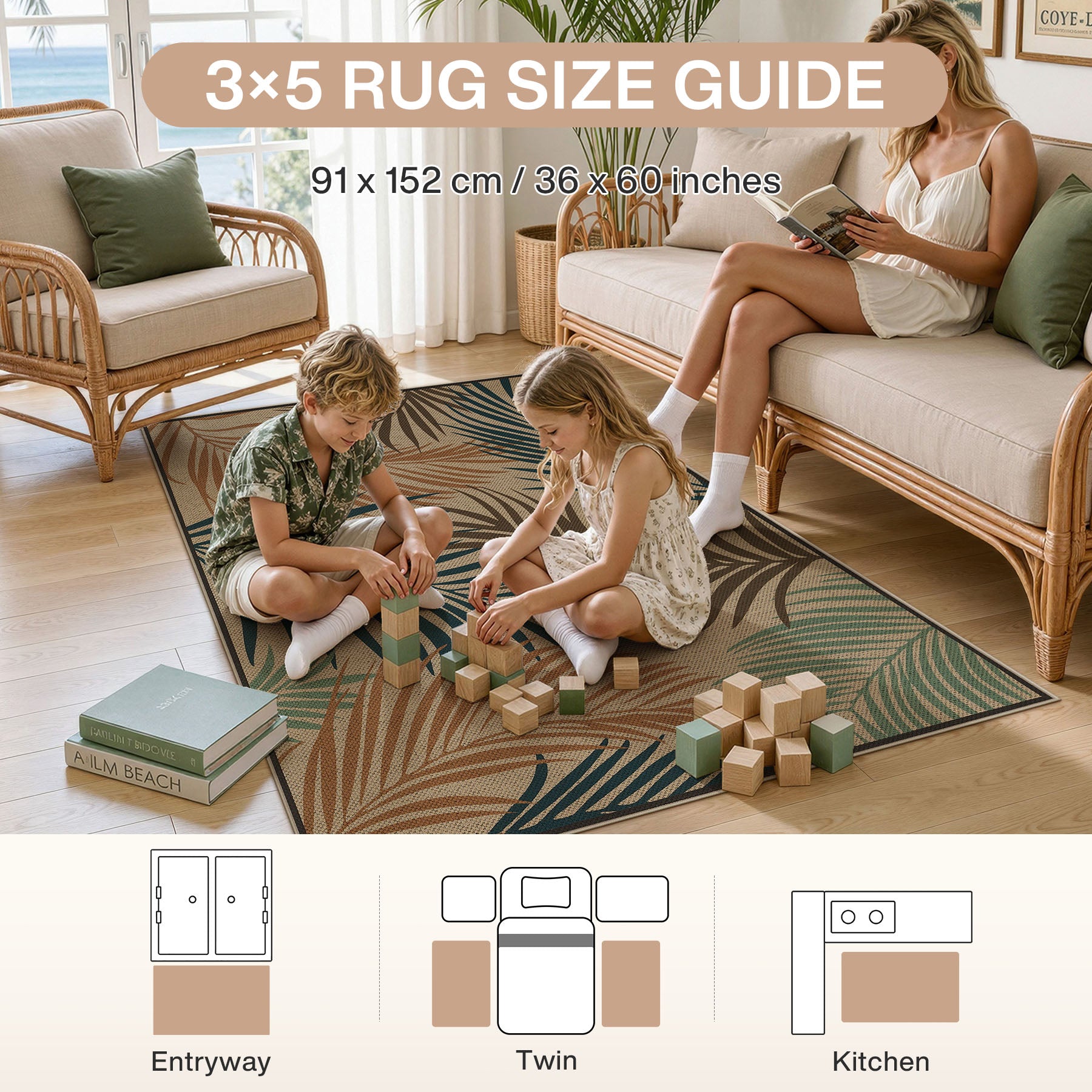 3x5/5x7 Easy Jute Washable Indoor Outdoor Patio Rug, Boho Coastal Non-Slip Living Room Area Carpet for Entryway Porch, Oeko-Tex Certified