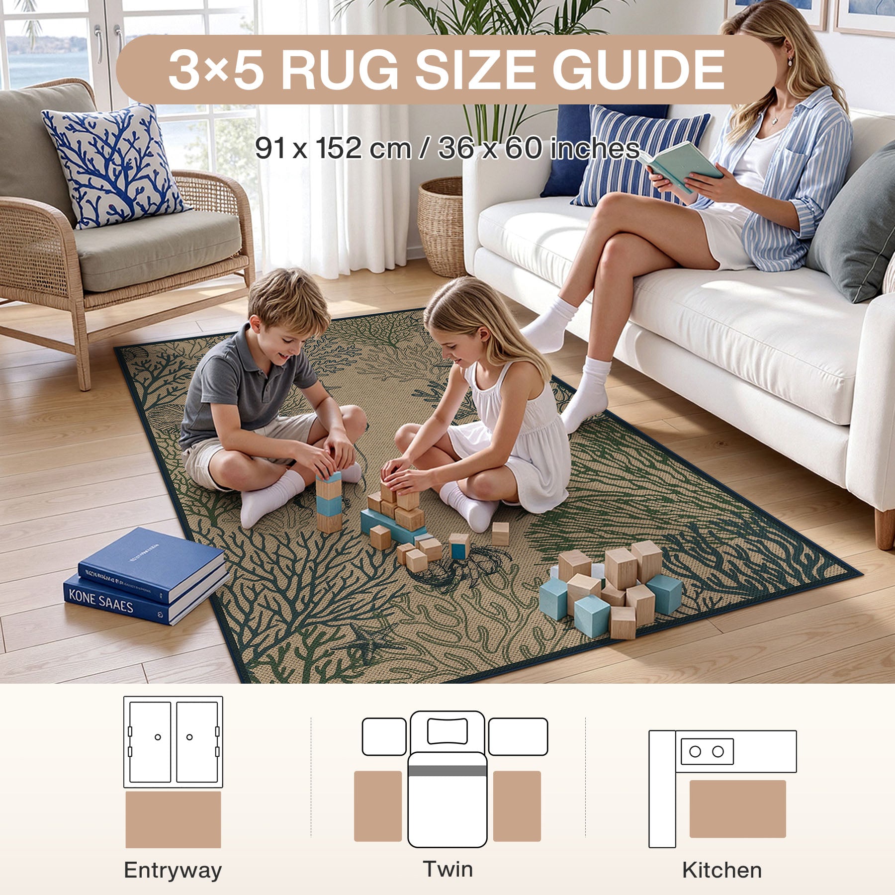 3x5/5x7 Easy Jute Washable Indoor Outdoor Patio Rug, Boho Coastal Non-Slip Living Room Area Carpet for Entryway Porch, Oeko-Tex Certified