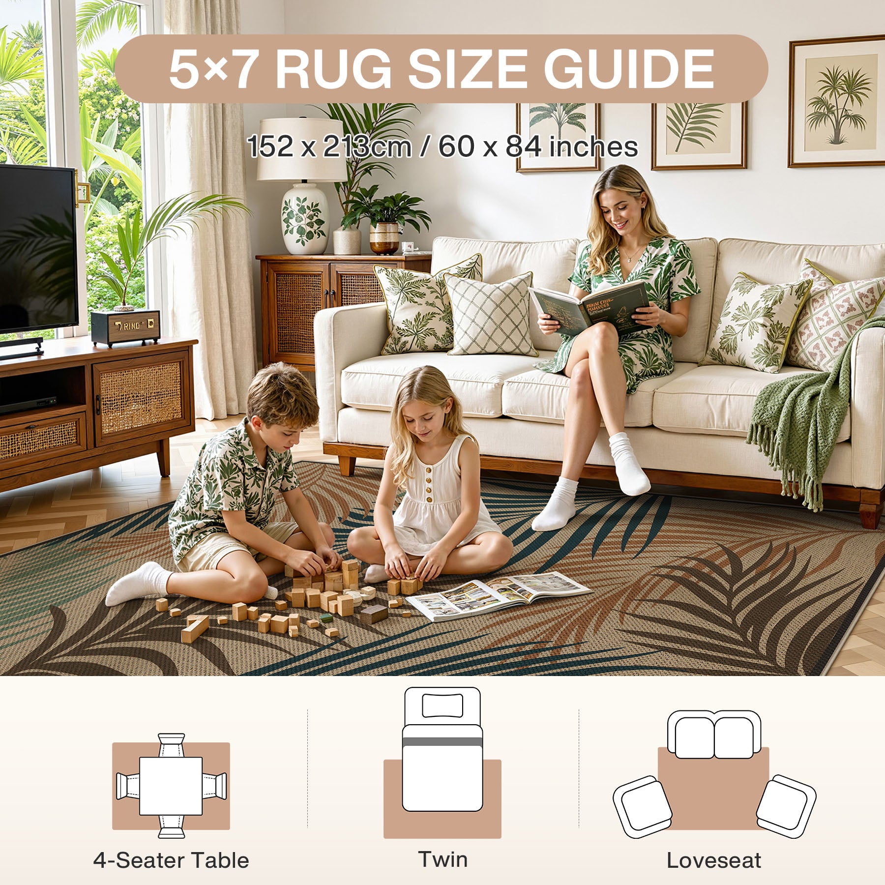 3x5/5x7 Easy Jute Washable Indoor Outdoor Patio Rug, Boho Coastal Non-Slip Living Room Area Carpet for Entryway Porch, Oeko-Tex Certified