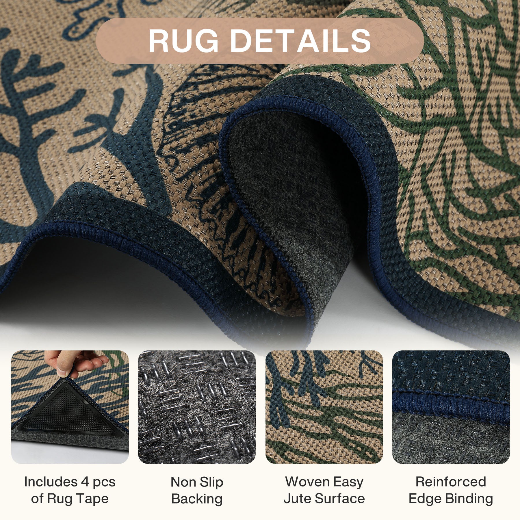 3x5/5x7 Easy Jute Washable Indoor Outdoor Patio Rug