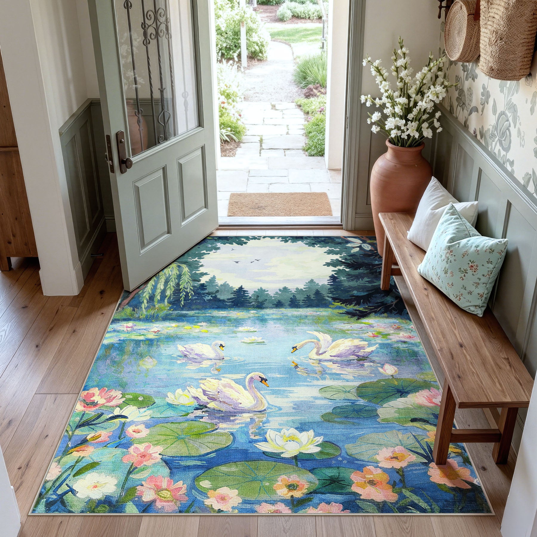 3x5/5x7 Swan Lake in oil painting style Area Rugs, Washable Living Room Runner Soft Non Slip Carpet, Oeko-Tex Certified