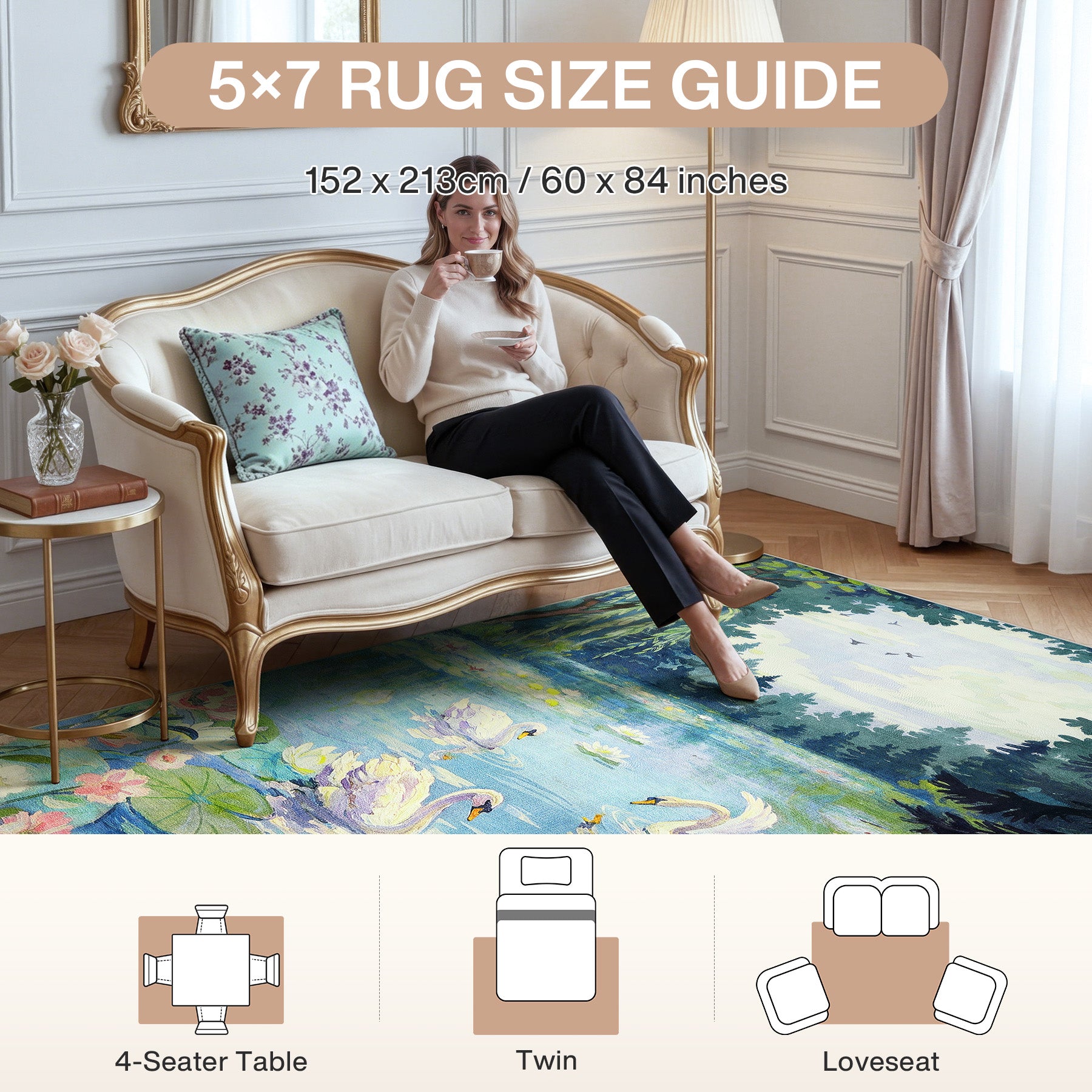 3x5/5x7 Swan Lake in oil painting style Area Rugs, Washable Living Room Runner Soft Non Slip Carpet, Oeko-Tex Certified