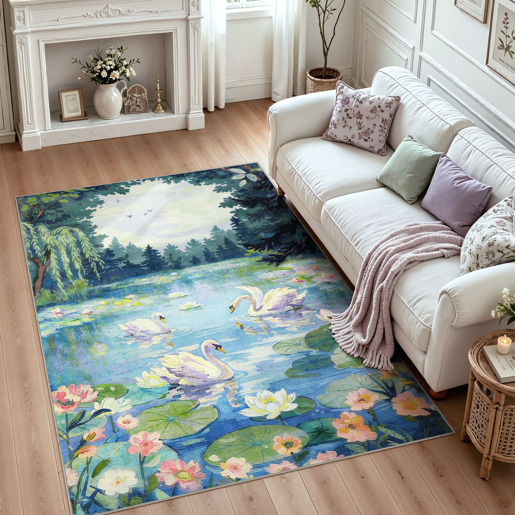 3x5/5x7 Swan Lake in oil painting style Area Rugs, Washable Living Room Runner Soft Non Slip Carpet, Oeko-Tex Certified