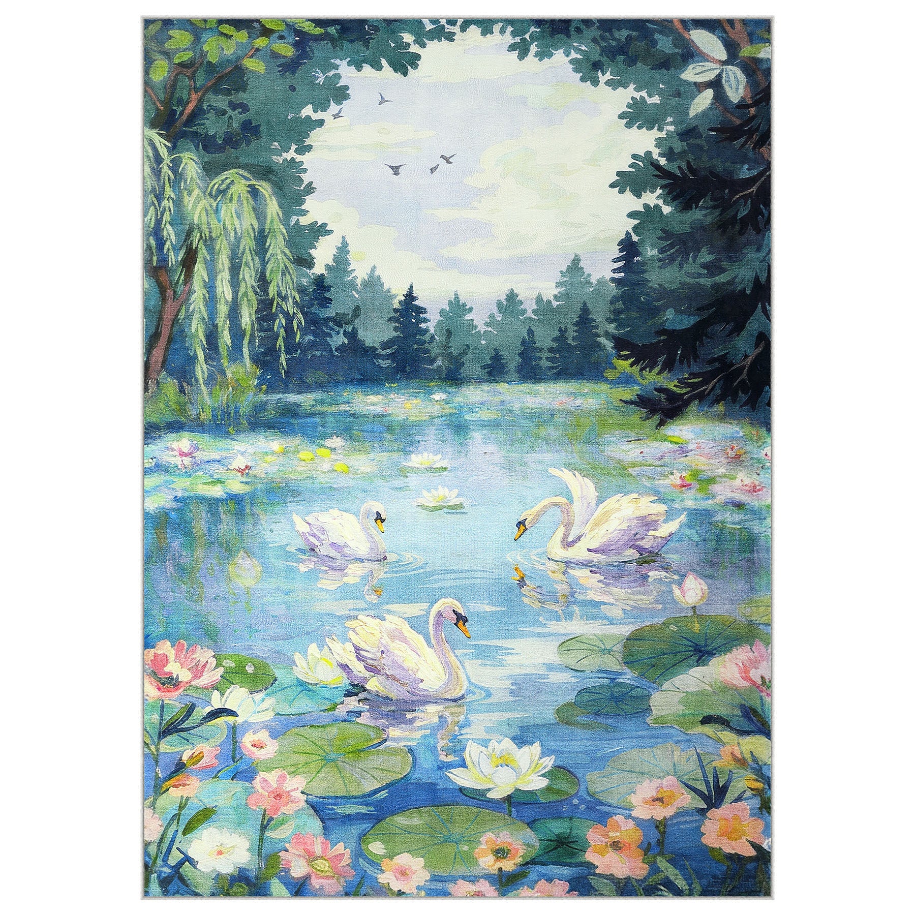 3x5/5x7 Swan Lake in oil painting style Area Rugs, Washable Living Room Runner Soft Non Slip Carpet, Oeko-Tex Certified