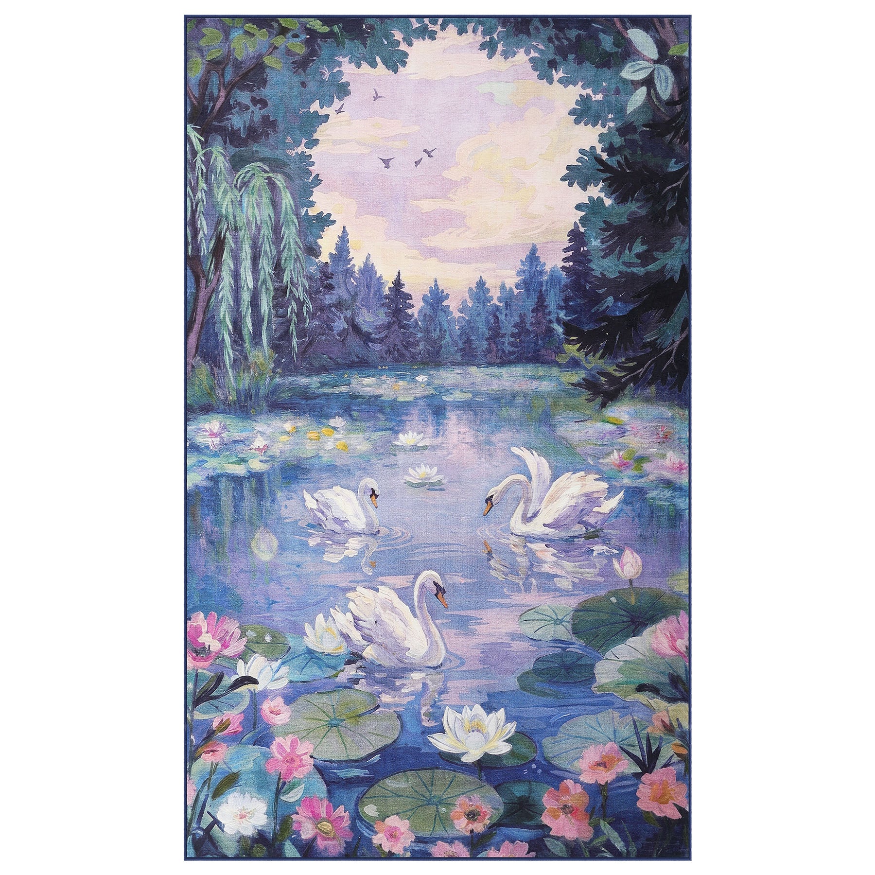 3x5/5x7 Swan Lake in oil painting style Area Rugs, Washable Living Room Runner Soft Non Slip Carpet, Oeko-Tex Certified