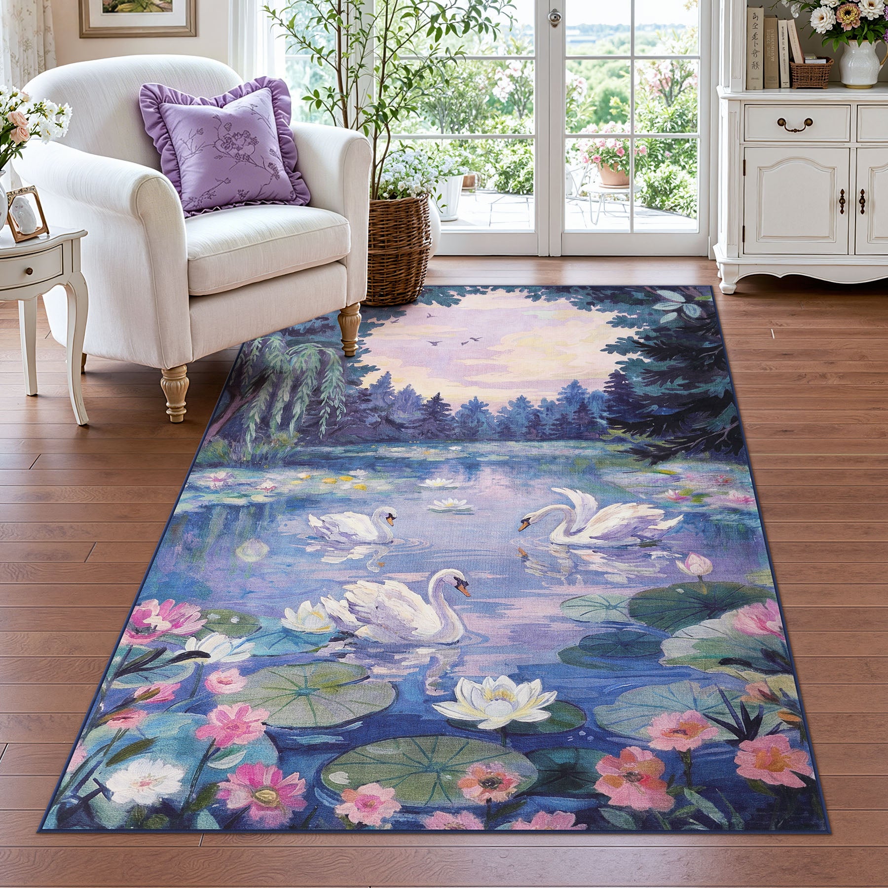 3x5/5x7 Swan Lake in oil painting style Area Rugs, Washable Living Room Runner Soft Non Slip Carpet, Oeko-Tex Certified