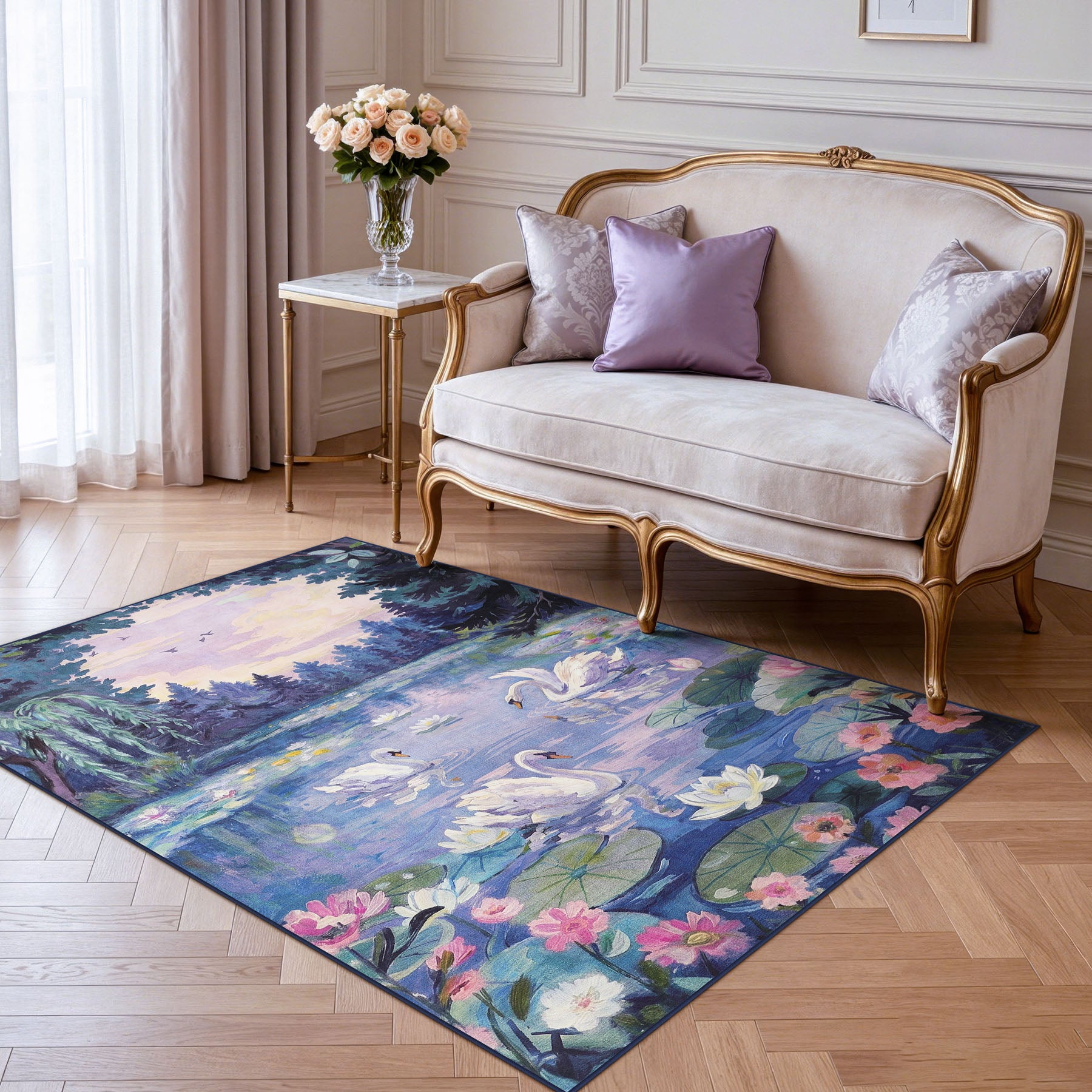 3x5/5x7 Swan Lake in oil painting style Area Rugs, Washable Living Room Runner Soft Non Slip Carpet, Oeko-Tex Certified