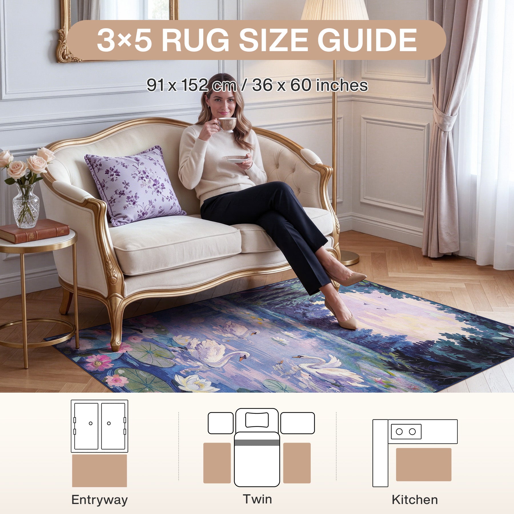 3x5/5x7 Swan Lake in oil painting style Area Rugs, Washable Living Room Runner Soft Non Slip Carpet, Oeko-Tex Certified