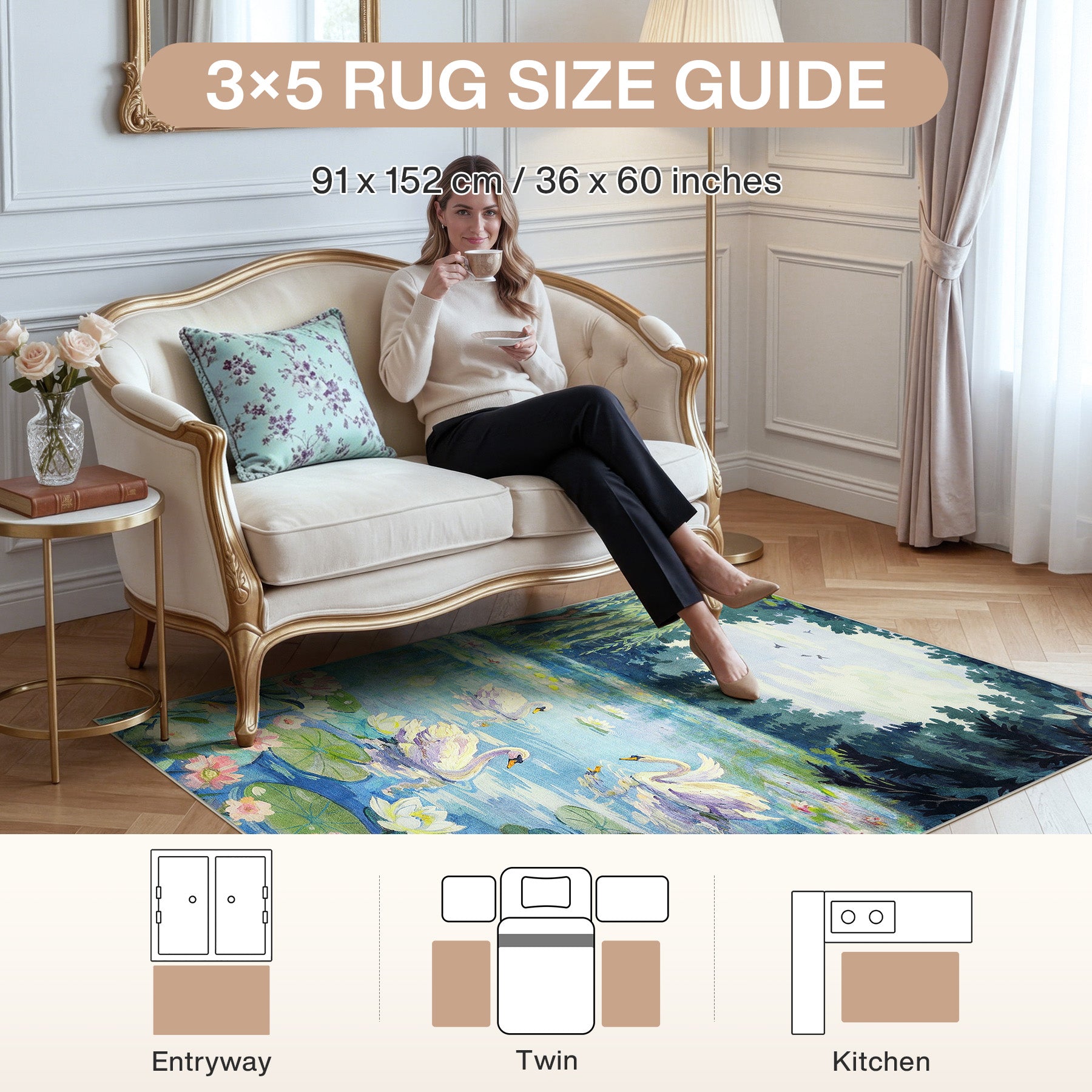 3x5/5x7 Swan Lake in oil painting style Area Rugs, Washable Living Room Runner Soft Non Slip Carpet, Oeko-Tex Certified