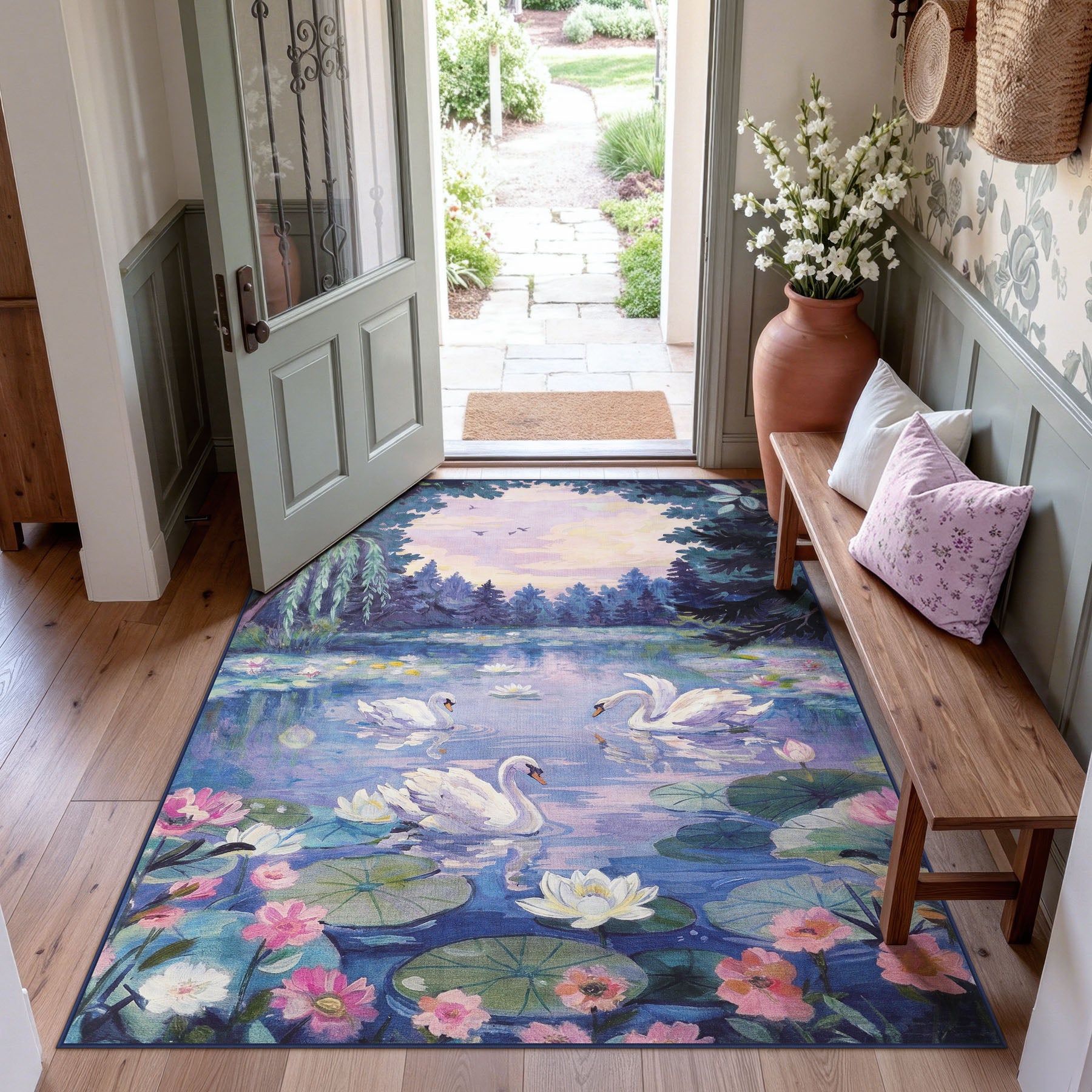 3x5/5x7 Swan Lake in oil painting style Area Rugs, Washable Living Room Runner Soft Non Slip Carpet, Oeko-Tex Certified