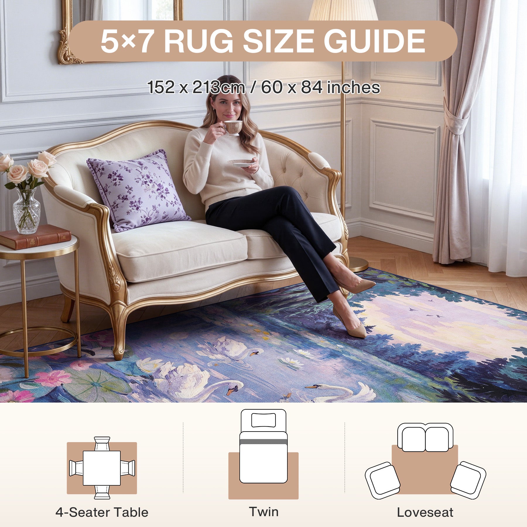 3x5/5x7 Swan Lake in oil painting style Area Rugs, Washable Living Room Runner Soft Non Slip Carpet, Oeko-Tex Certified