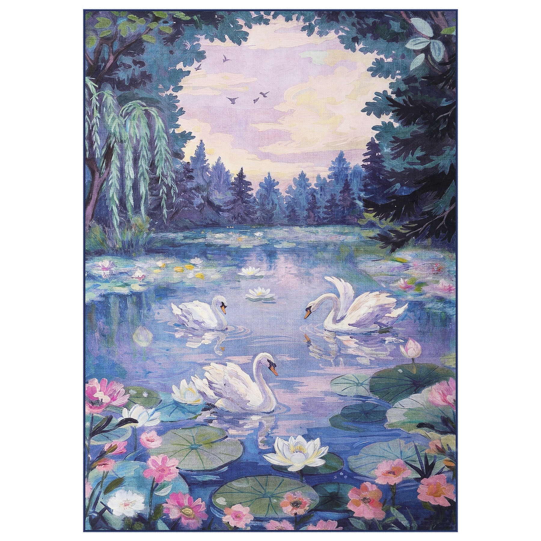 3x5/5x7 Swan Lake in oil painting style Area Rugs, Washable Living Room Runner Soft Non Slip Carpet, Oeko-Tex Certified