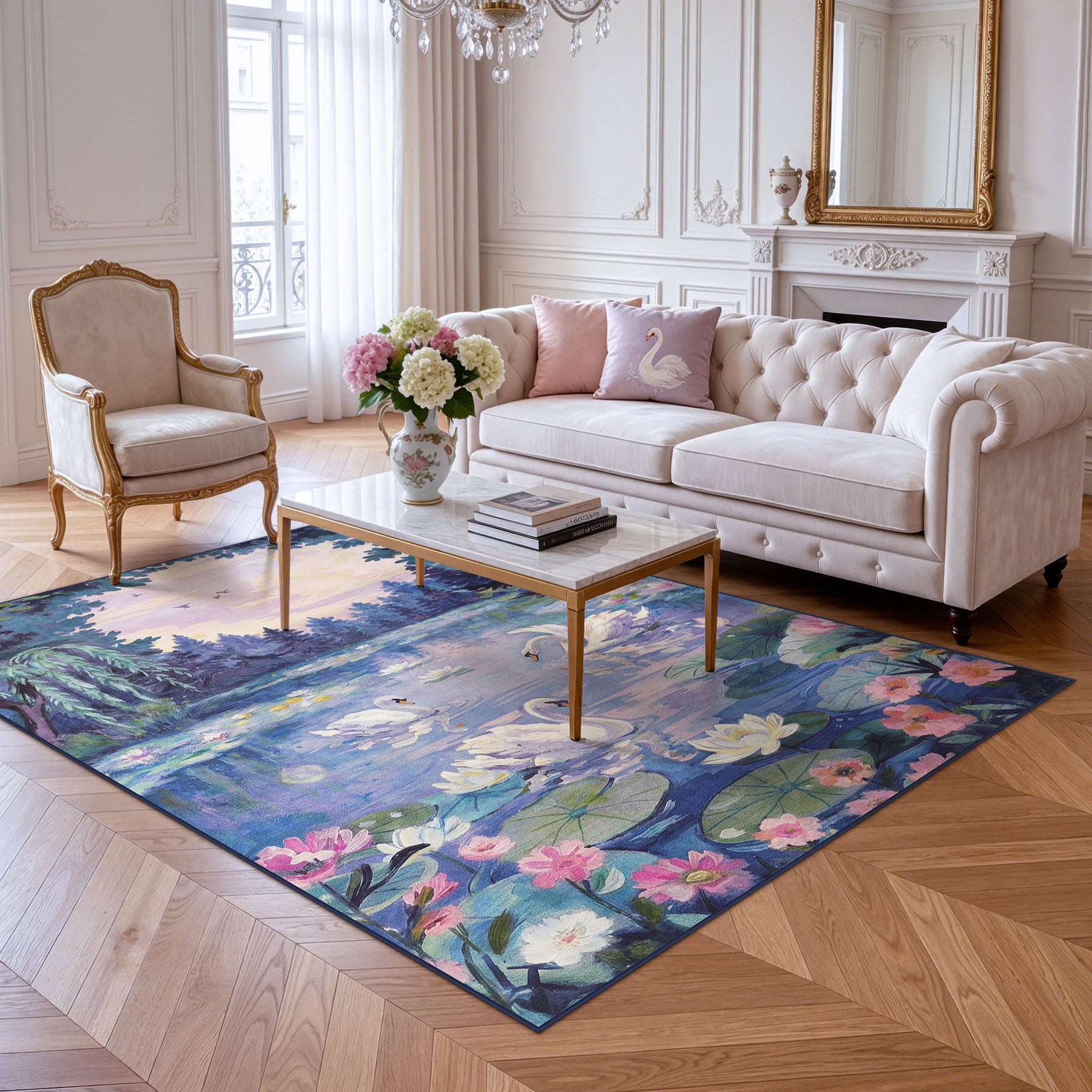 3x5/5x7 Swan Lake in oil painting style Area Rugs, Washable Living Room Runner Soft Non Slip Carpet, Oeko-Tex Certified