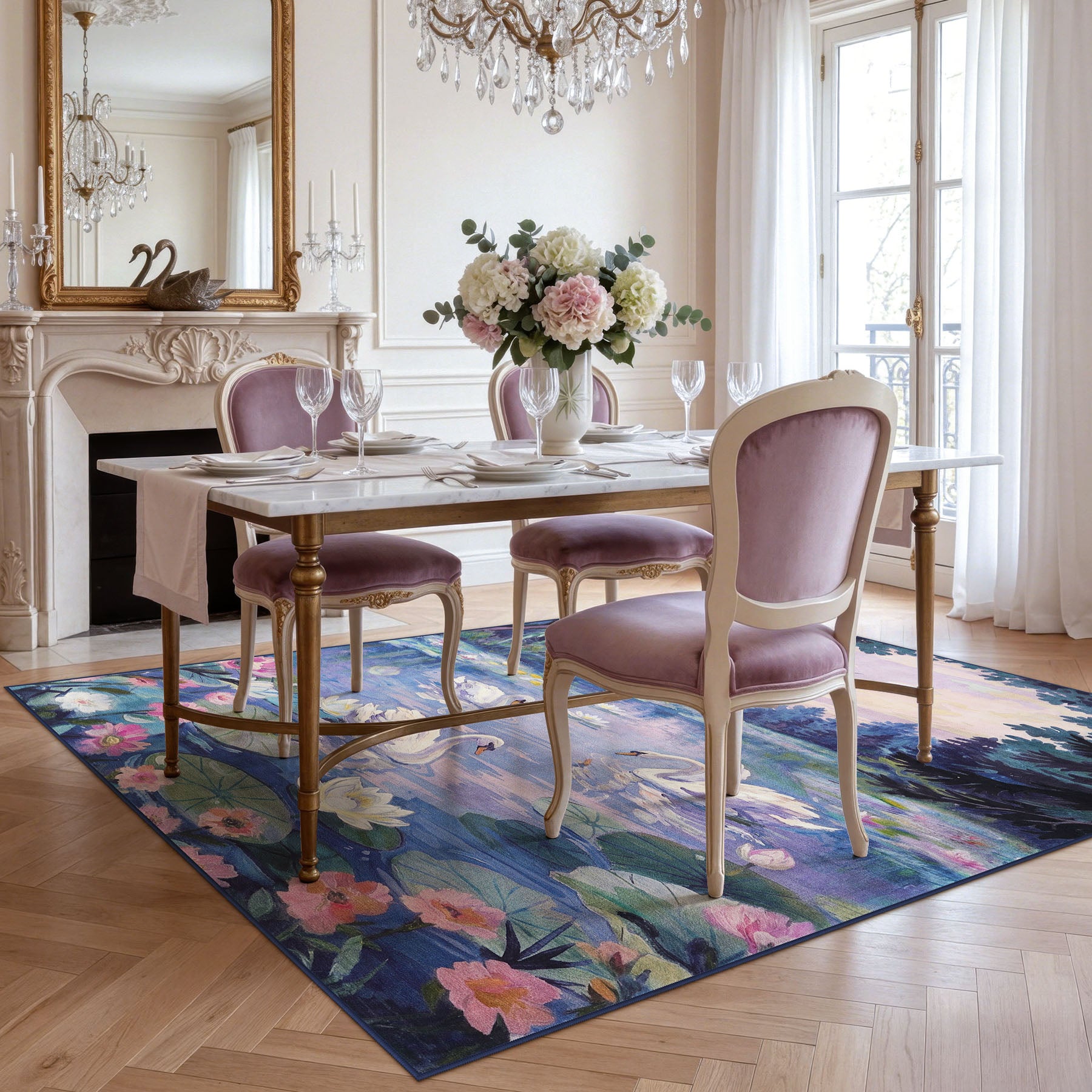 3x5/5x7 Swan Lake in oil painting style Area Rugs, Washable Living Room Runner Soft Non Slip Carpet, Oeko-Tex Certified