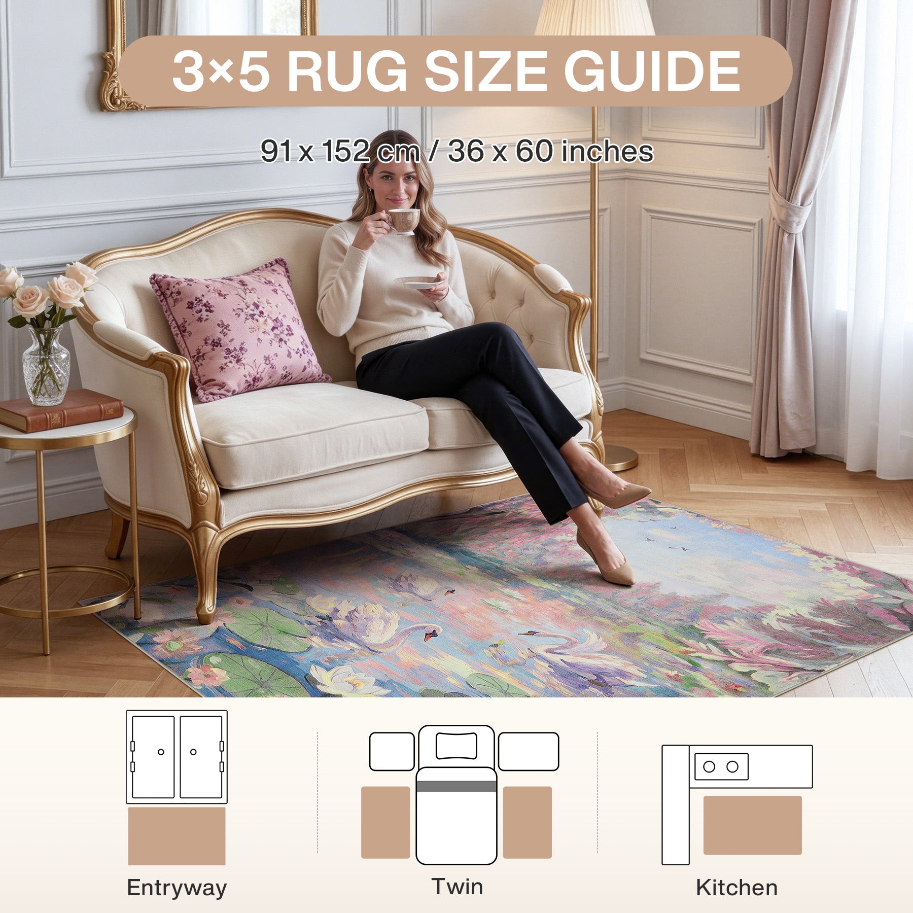 3x5/5x7 Swan Lake in oil painting style Area Rugs, Washable Living Room Runner Soft Non Slip Carpet, Oeko-Tex Certified