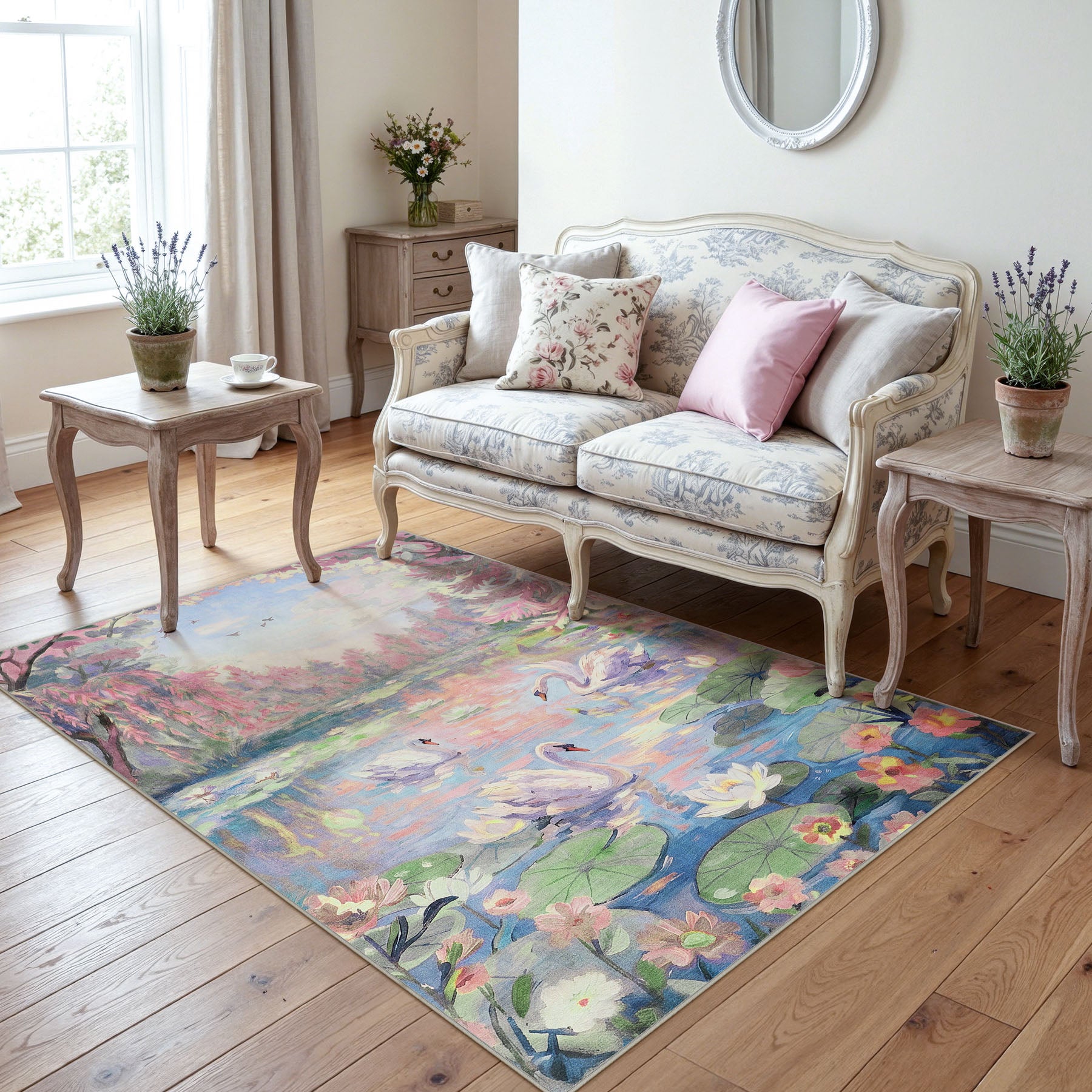 3x5/5x7 Swan Lake in oil painting style Area Rugs, Washable Living Room Runner Soft Non Slip Carpet, Oeko-Tex Certified