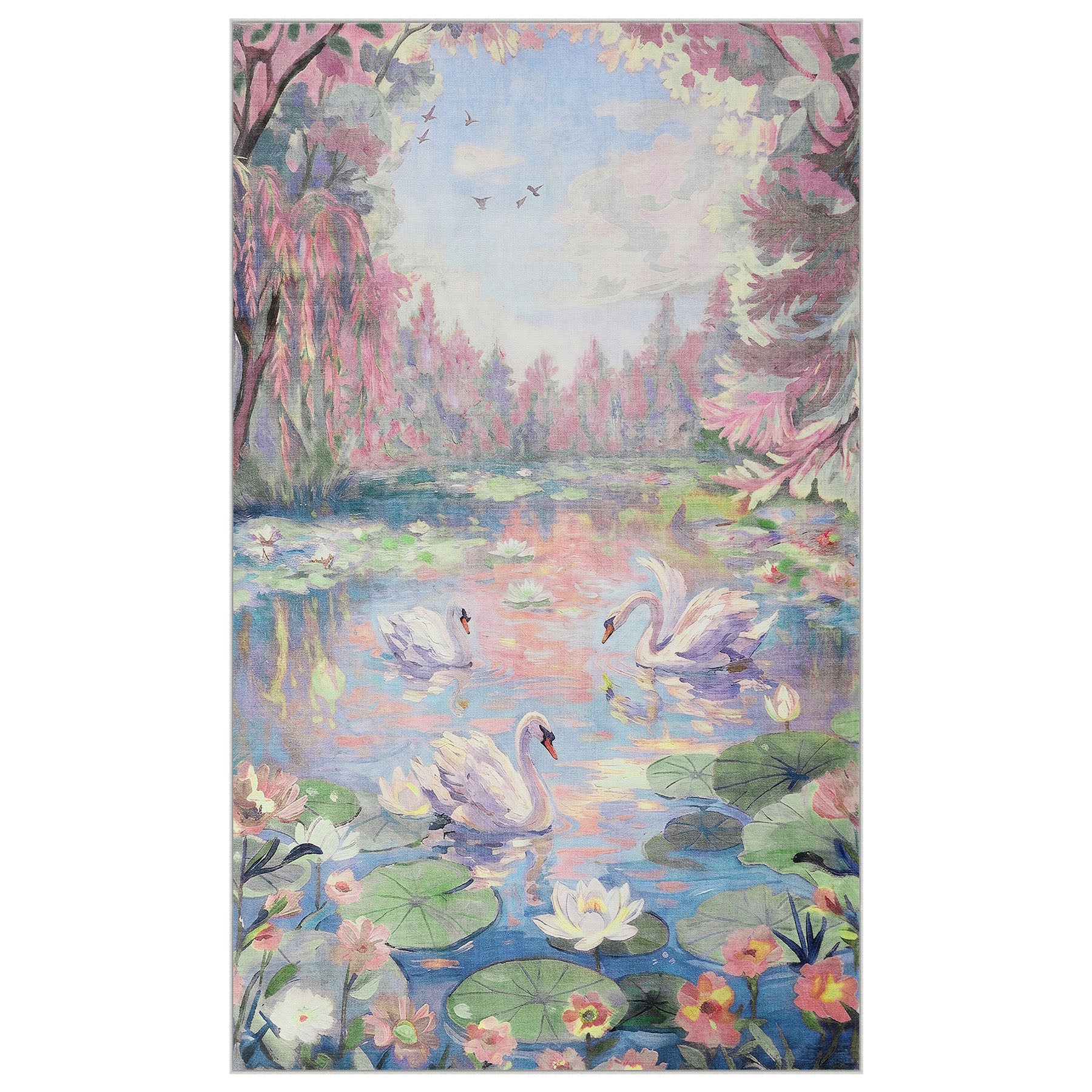3x5/5x7 Swan Lake in oil painting style Area Rugs, Washable Living Room Runner Soft Non Slip Carpet, Oeko-Tex Certified