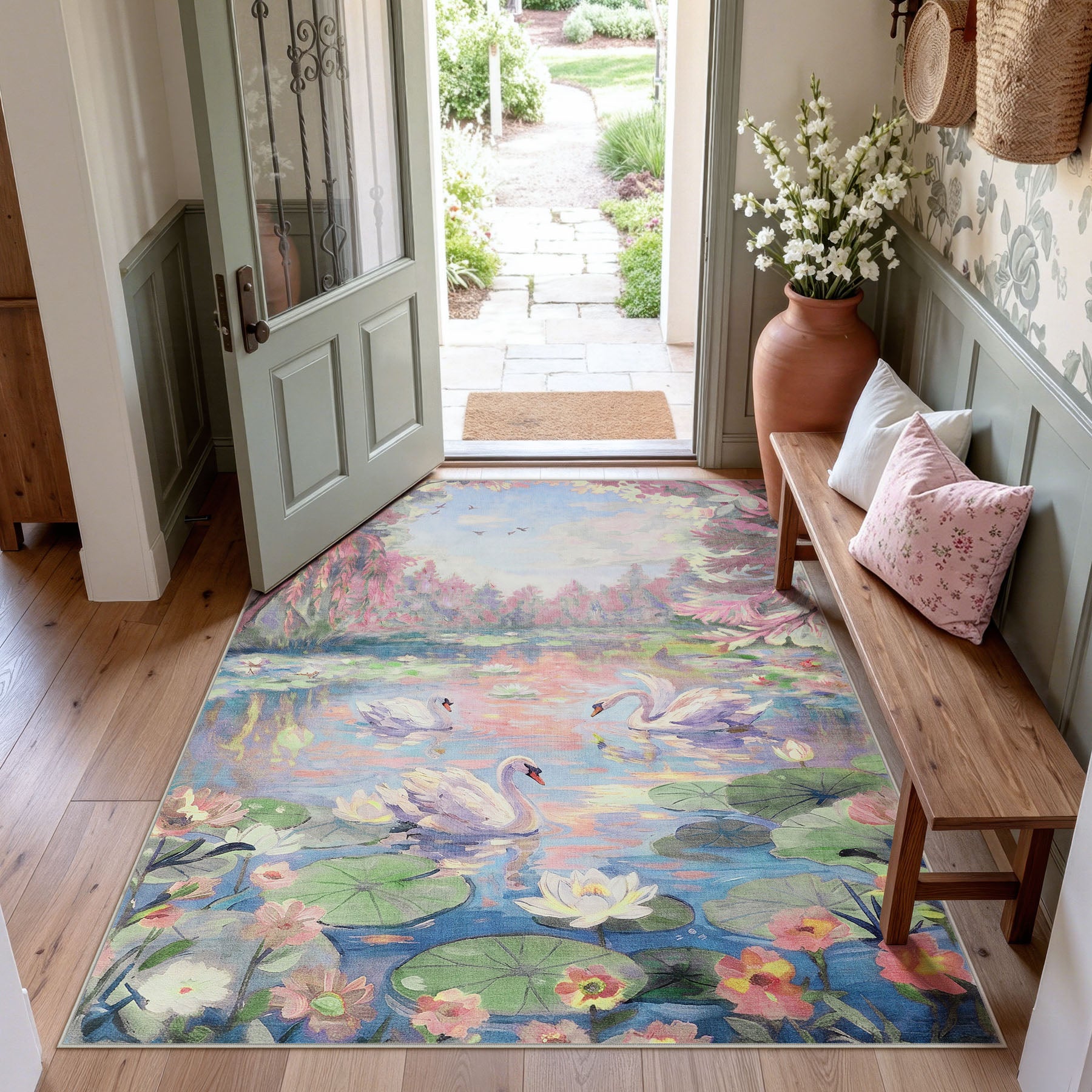 3x5/5x7 Swan Lake in oil painting style Area Rugs, Washable Living Room Runner Soft Non Slip Carpet, Oeko-Tex Certified