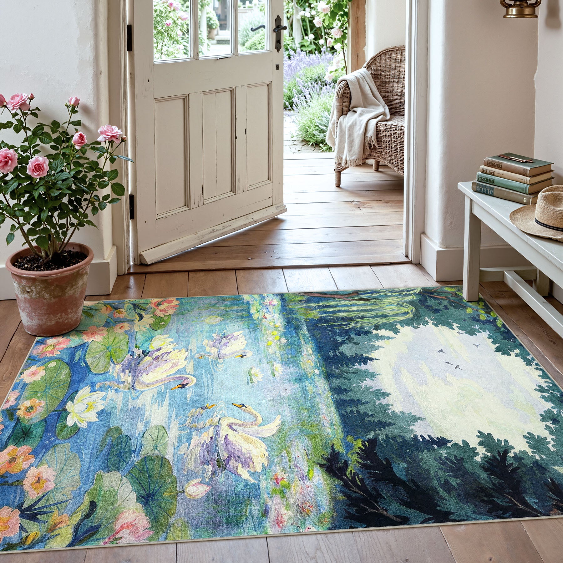 3x5/5x7 Swan Lake in oil painting style Area Rugs, Washable Living Room Runner Soft Non Slip Carpet, Oeko-Tex Certified