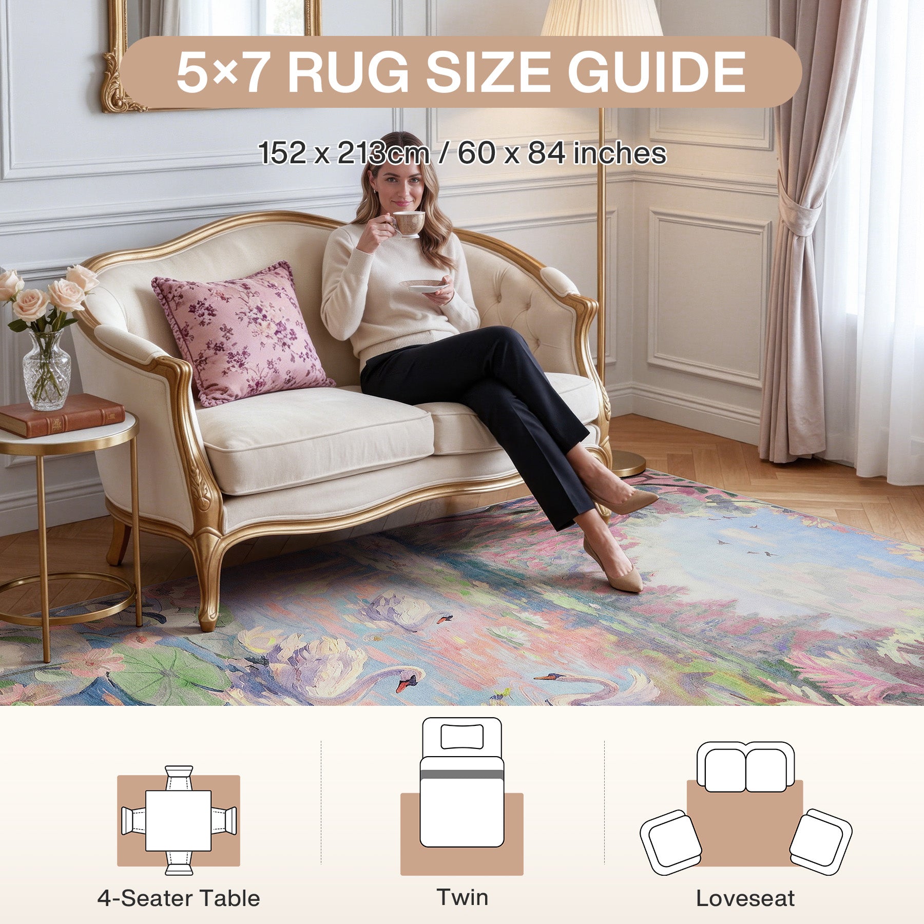 3x5/5x7 Swan Lake in oil painting style Area Rugs, Washable Living Room Runner Soft Non Slip Carpet, Oeko-Tex Certified